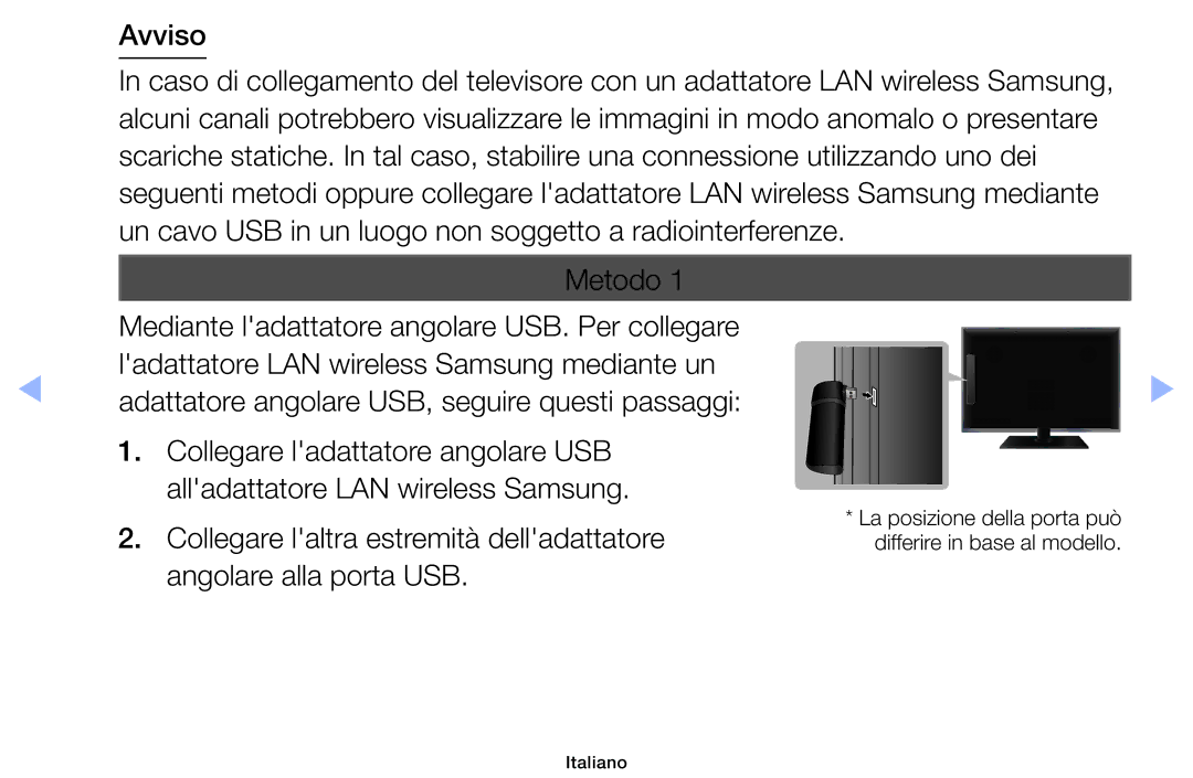 Samsung UE55F6100AKXZT, UE46F6100AWXXH, UE40F6100AWXZF Avviso, Metodo, Adattatore angolare USB, seguire questi passaggi 