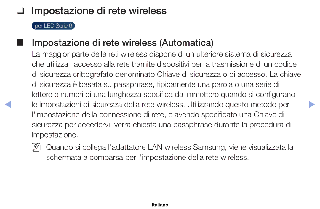 Samsung UE39EH5003WXXC, UE46F6100AWXXH, UE40F6100AWXZF, UE50F6100AWXZF manual Impostazione di rete wireless Automatica 