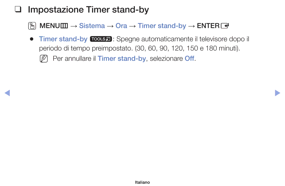 Samsung UE46F6100AWXXH, UE40F6100AWXZF manual Impostazione Timer stand-by, OOMENUm → Sistema → Ora → Timer stand-by → Entere 