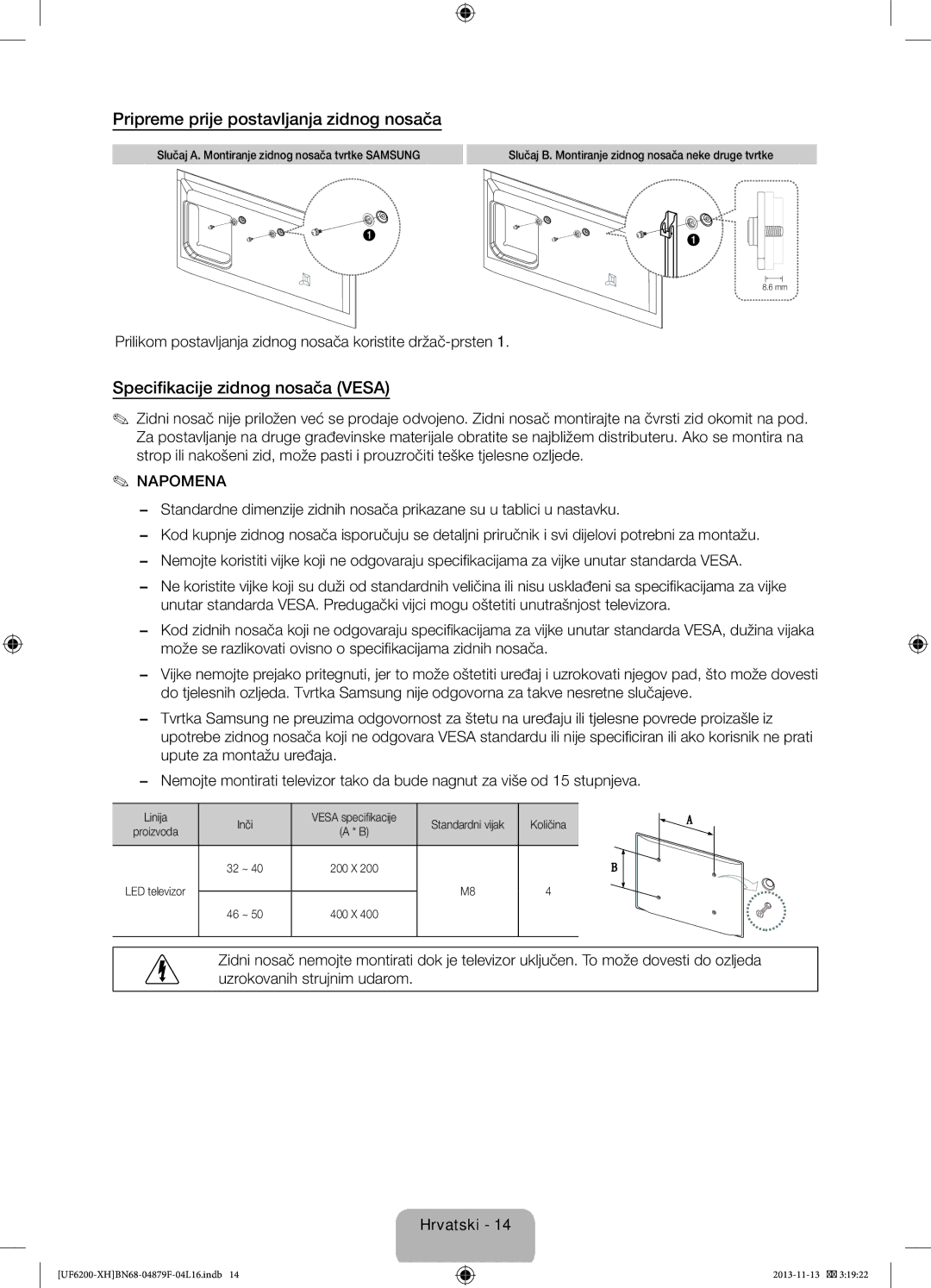 Samsung UE46F6200AWXXH, UE46F6200AWXXC manual Pripreme prije postavljanja zidnog nosača, Specifikacije zidnog nosača Vesa 