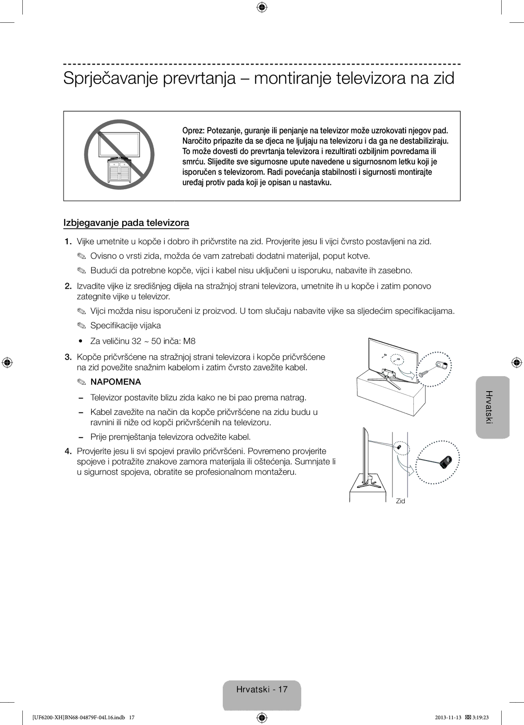 Samsung UE32F6200AWXXC manual Sprječavanje prevrtanja montiranje televizora na zid, Izbjegavanje pada televizora, Zid 