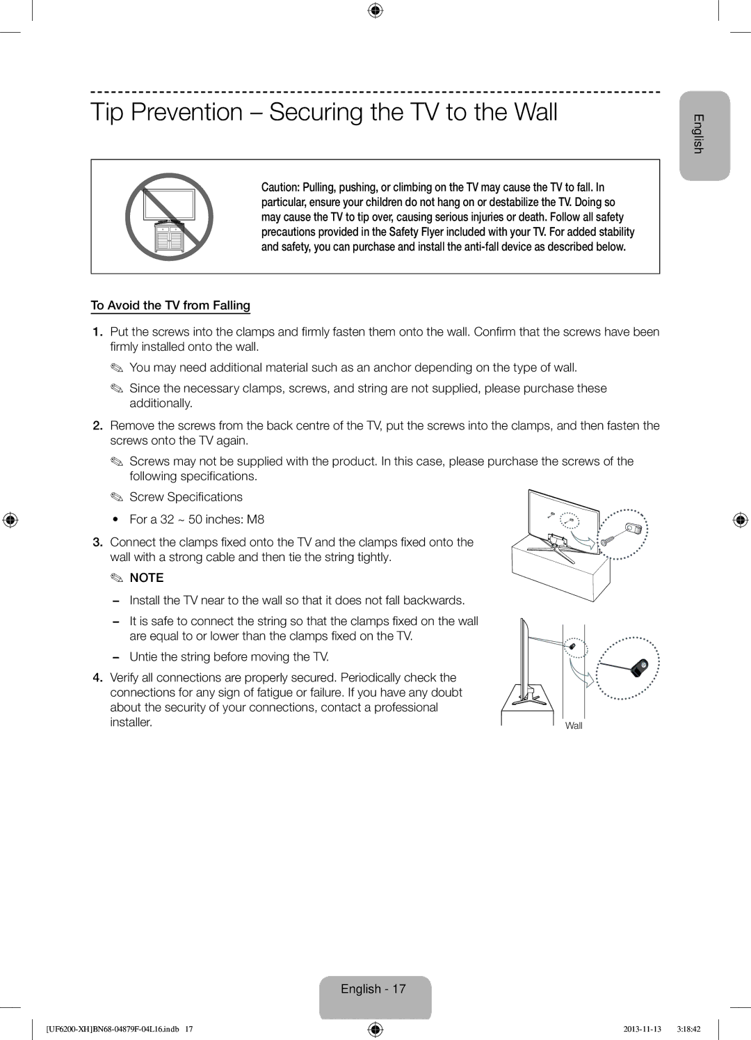 Samsung UE40F6200AWXXC, UE46F6200AWXXH, UE46F6200AWXXC, UE50F6200AWXXC manual Tip Prevention Securing the TV to the Wall 