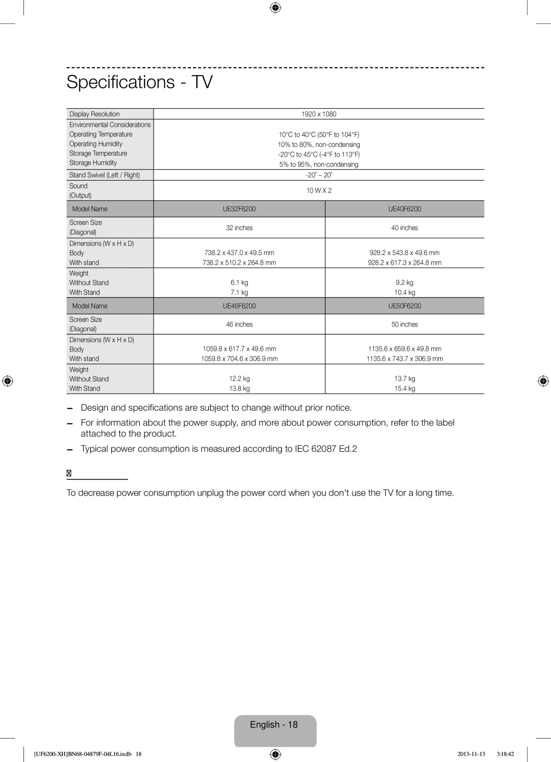 Samsung UE32F6200AWXXH, UE46F6200AWXXH, UE46F6200AWXXC, UE50F6200AWXXC, UE32F6200AWXXC, UE40F6200AWXXC manual Specifications 