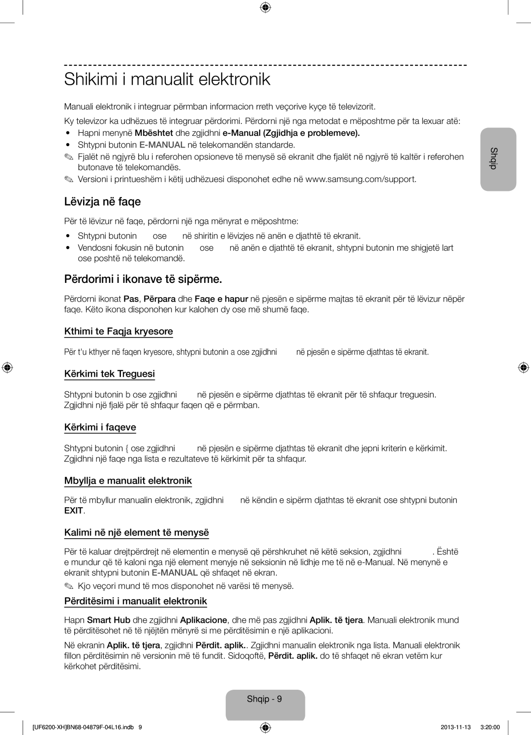 Samsung UE50F6200AWXXH, UE46F6200AWXXH Shikimi i manualit elektronik, Lëvizja në faqe, Përdorimi i ikonave të sipërme 