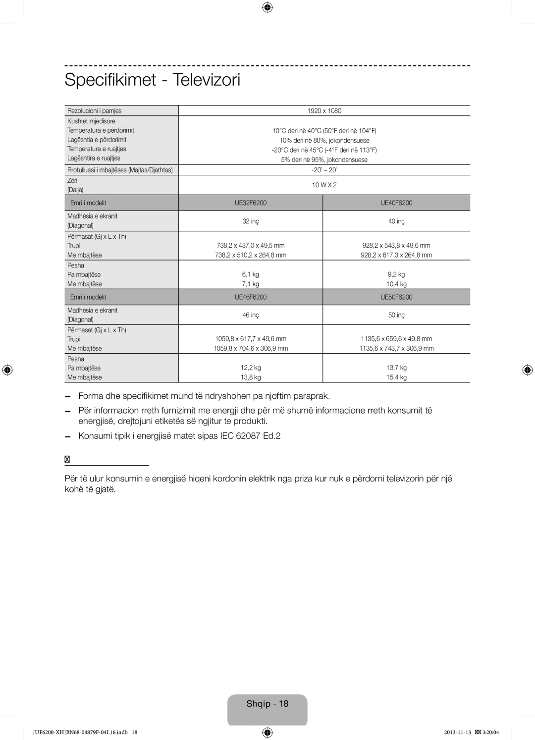 Samsung UE32F6200AWXXC, UE46F6200AWXXH, UE46F6200AWXXC, UE50F6200AWXXC manual Specifikimet Televizori, Modaliteti në pritje 