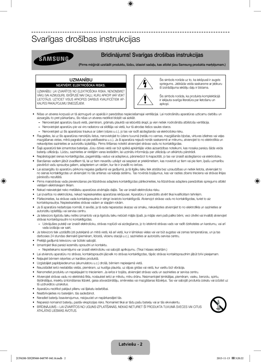 Samsung UE50F6200AWXXC, UE46F6200AWXXH, UE46F6200AWXXC Brīdinājums! Svarīgas drošības instrukcijas, Uzmanību, Latviešu 