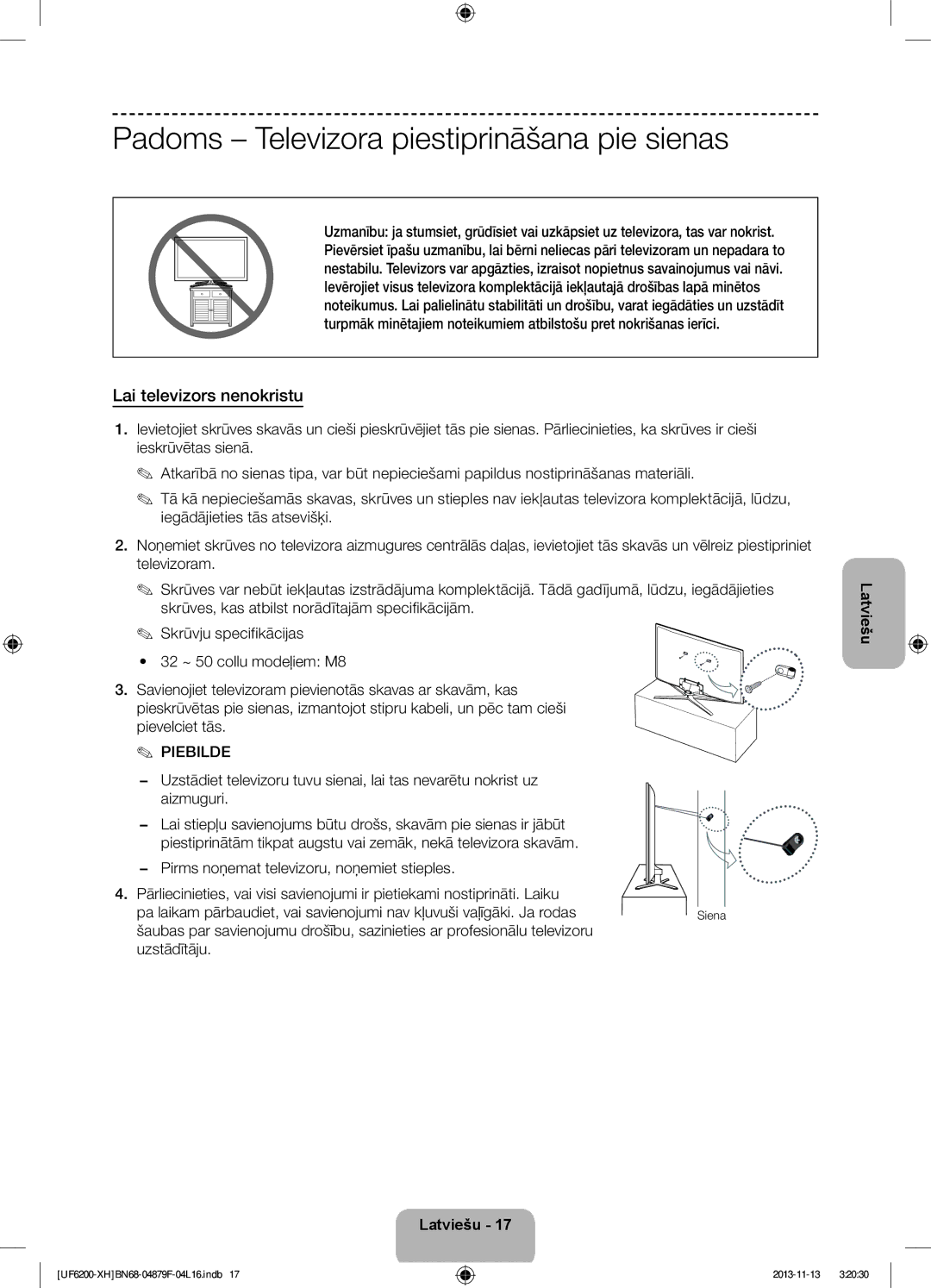 Samsung UE40F6200AWXXC, UE46F6200AWXXH manual Padoms Televizora piestiprināšana pie sienas, Lai televizors nenokristu 