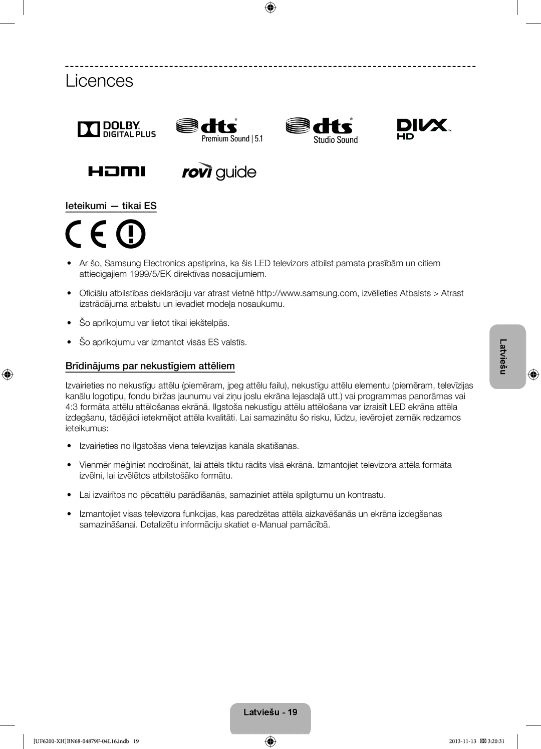 Samsung UE40F6200AWXXH, UE46F6200AWXXH, UE46F6200AWXXC manual Ieteikumi tikai ES, Brīdinājums par nekustīgiem attēliem 