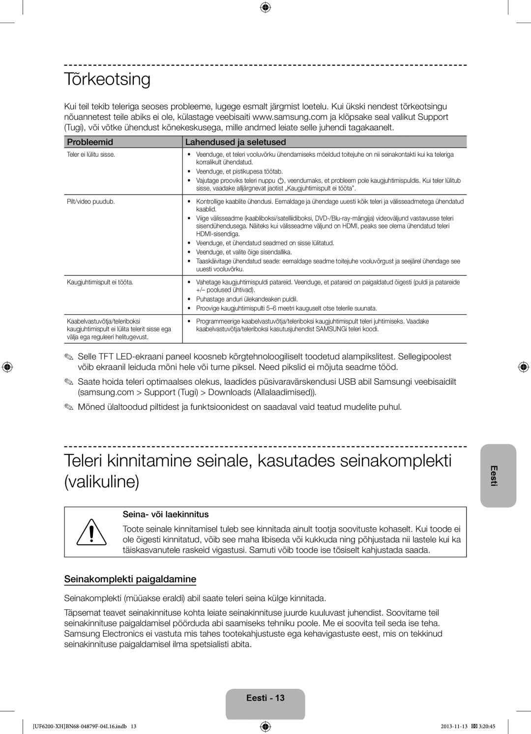 Samsung UE50F6200AWXZH, UE46F6200AWXXH manual Tõrkeotsing, Seinakomplekti paigaldamine, Probleemid Lahendused ja seletused 