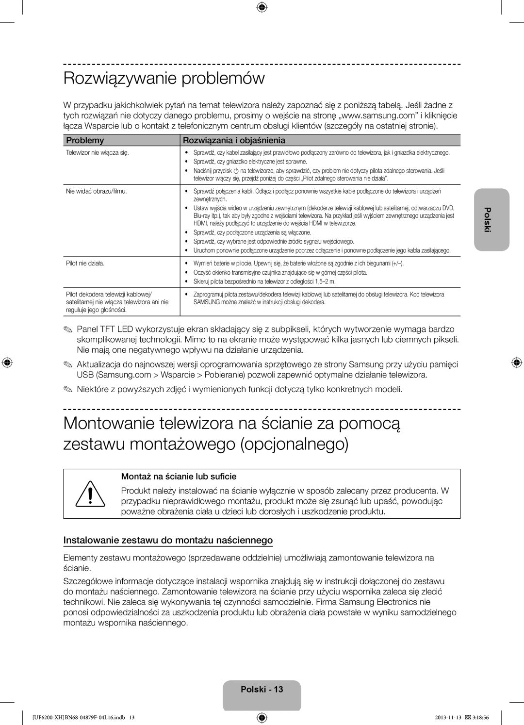 Samsung UE50F6200AWXZH Rozwiązywanie problemów, Instalowanie zestawu do montażu naściennego, Montaż na ścianie lub suficie 