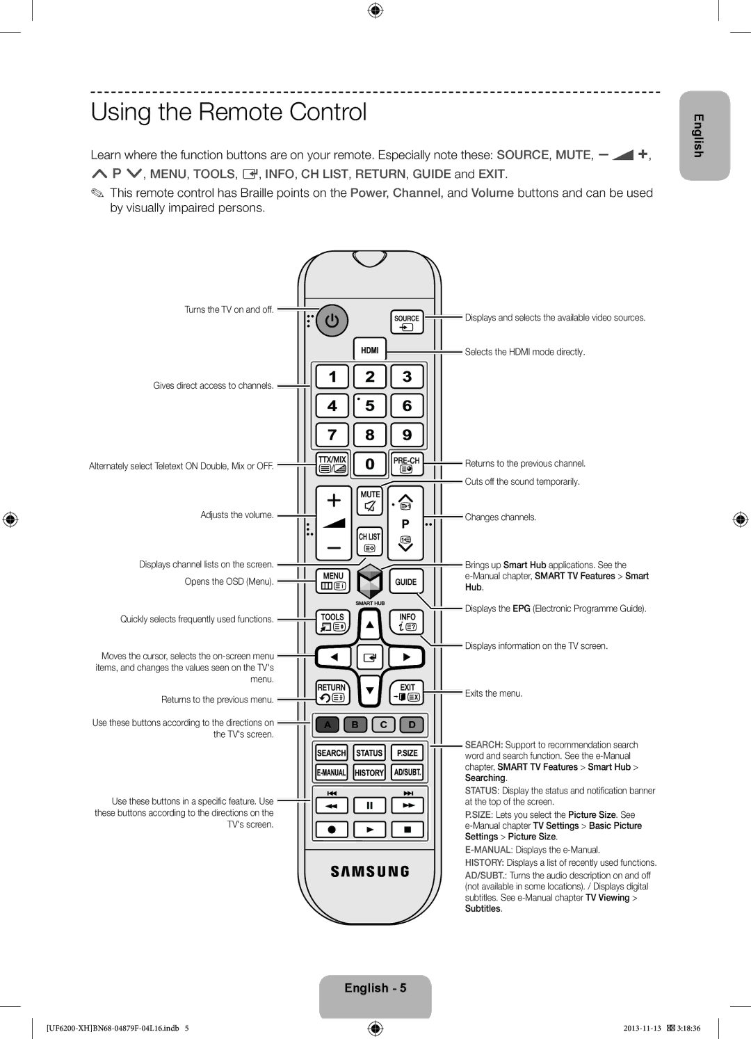 Samsung UE32F6200AWXXH, UE46F6200AWXXH, UE46F6200AWXXC, UE50F6200AWXXC, UE32F6200AWXXC manual Using the Remote Control 