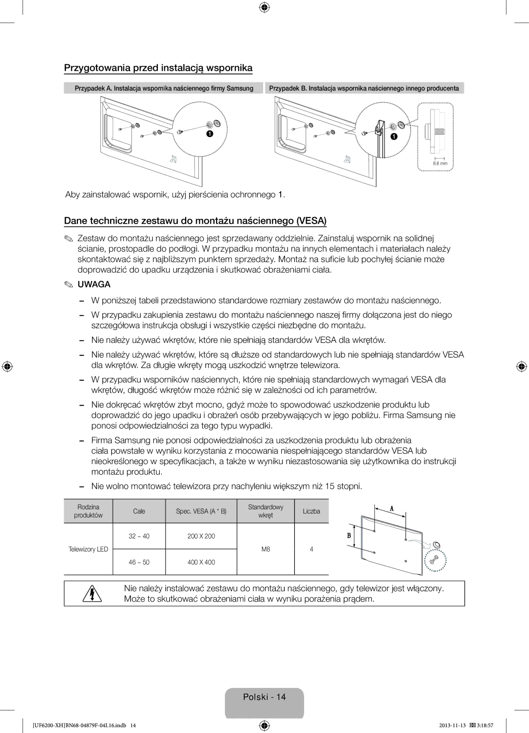 Samsung UE46F6200AWXZH manual Przygotowania przed instalacją wspornika, Dane techniczne zestawu do montażu naściennego Vesa 