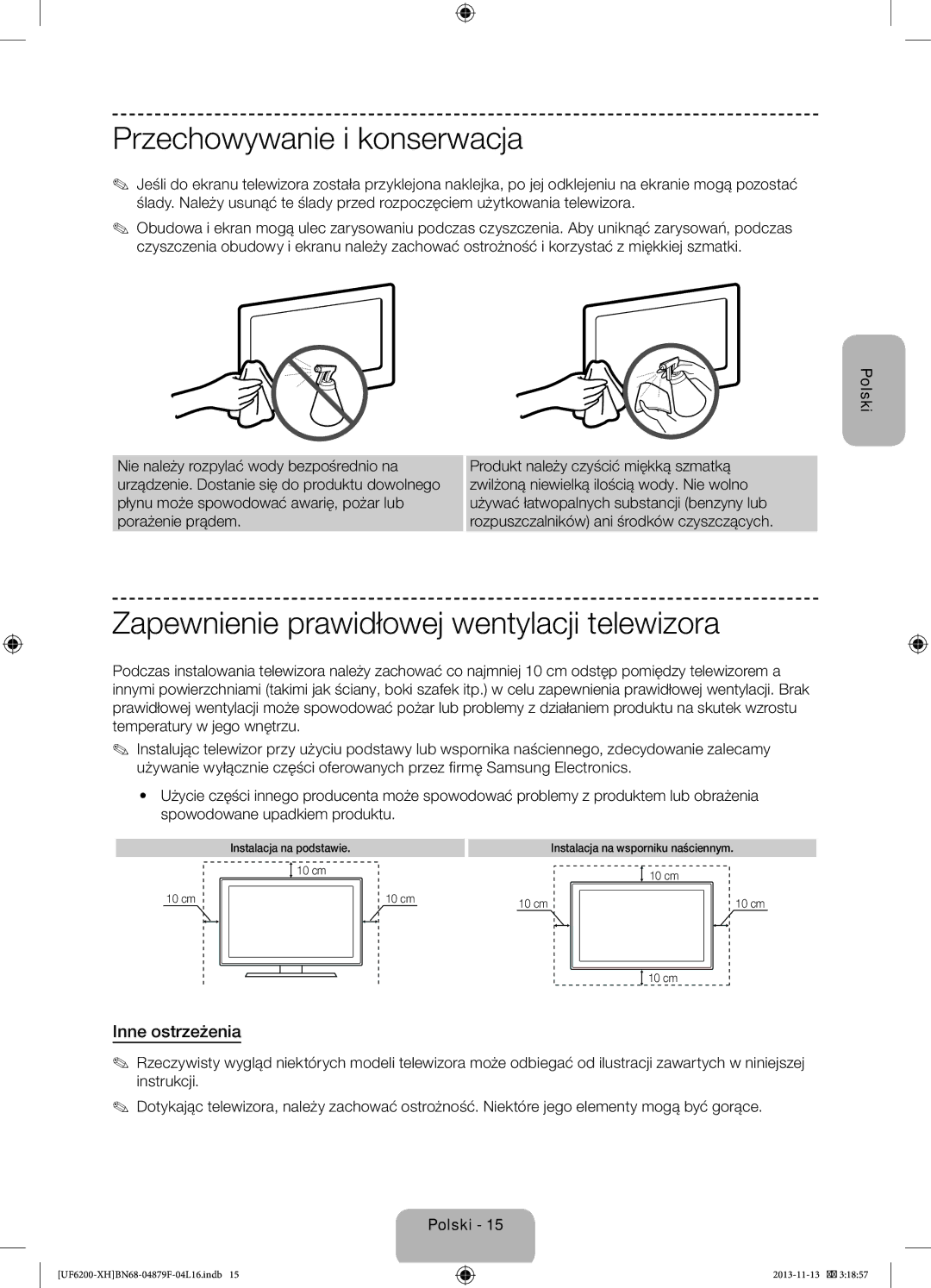 Samsung UE46F6200AWXXN manual Przechowywanie i konserwacja, Zapewnienie prawidłowej wentylacji telewizora, Inne ostrzeżenia 