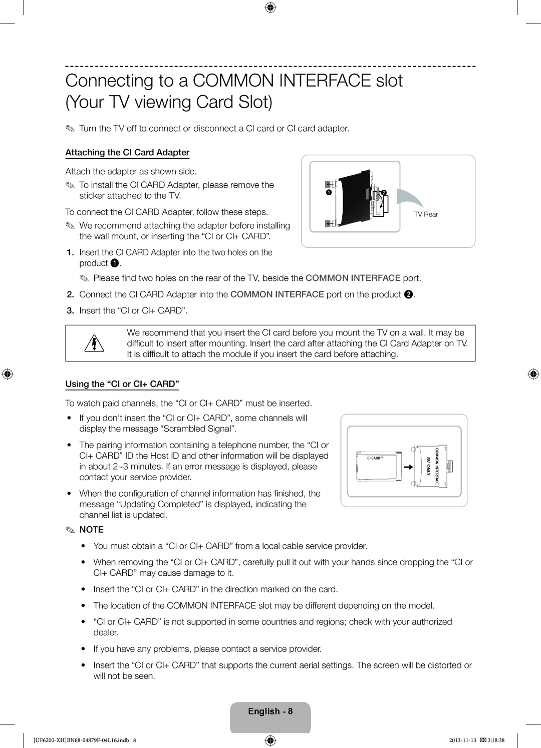 Samsung UE40F6200AWXZH, UE46F6200AWXXH manual Insert the CI Card Adapter into the two holes on the product, TV Rear 