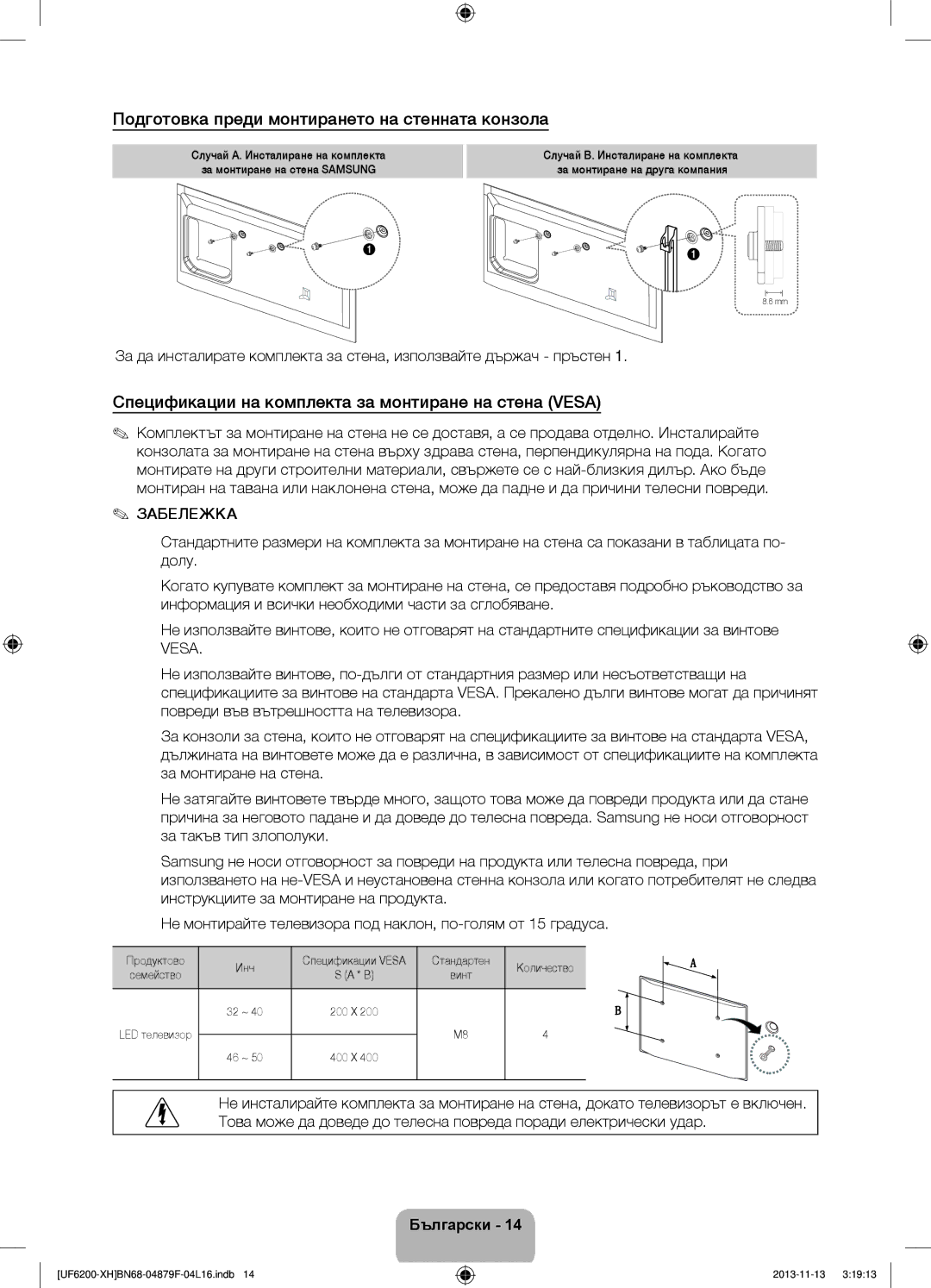 Samsung UE40F6200AWXZH, UE46F6200AWXXH, UE46F6200AWXXC, UE50F6200AWXXC manual Подготовка преди монтирането на стенната конзола 