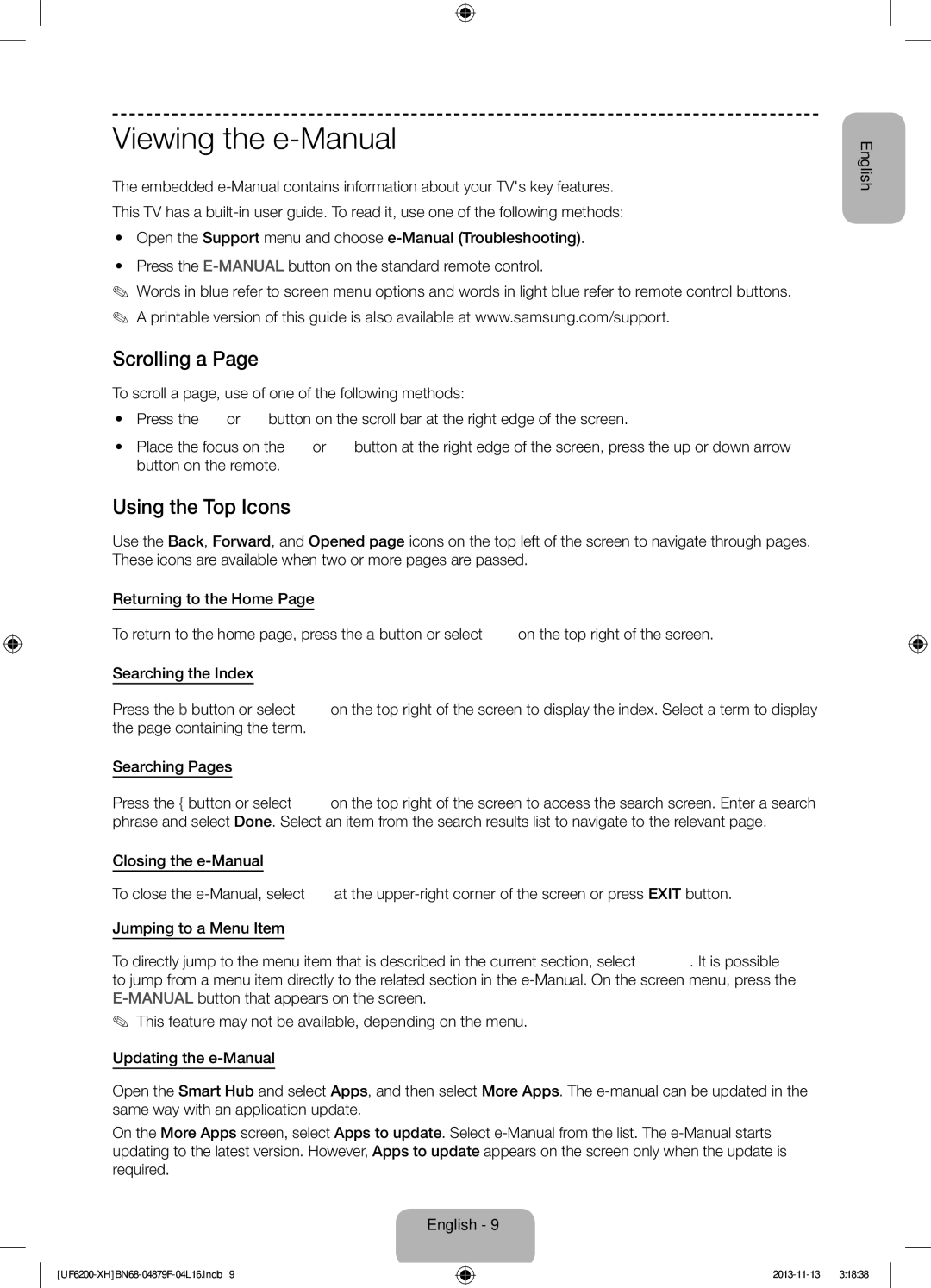 Samsung UE32F6200AWXZH, UE46F6200AWXXH manual Viewing the e-Manual, Scrolling a, Using the Top Icons, Button on the remote 