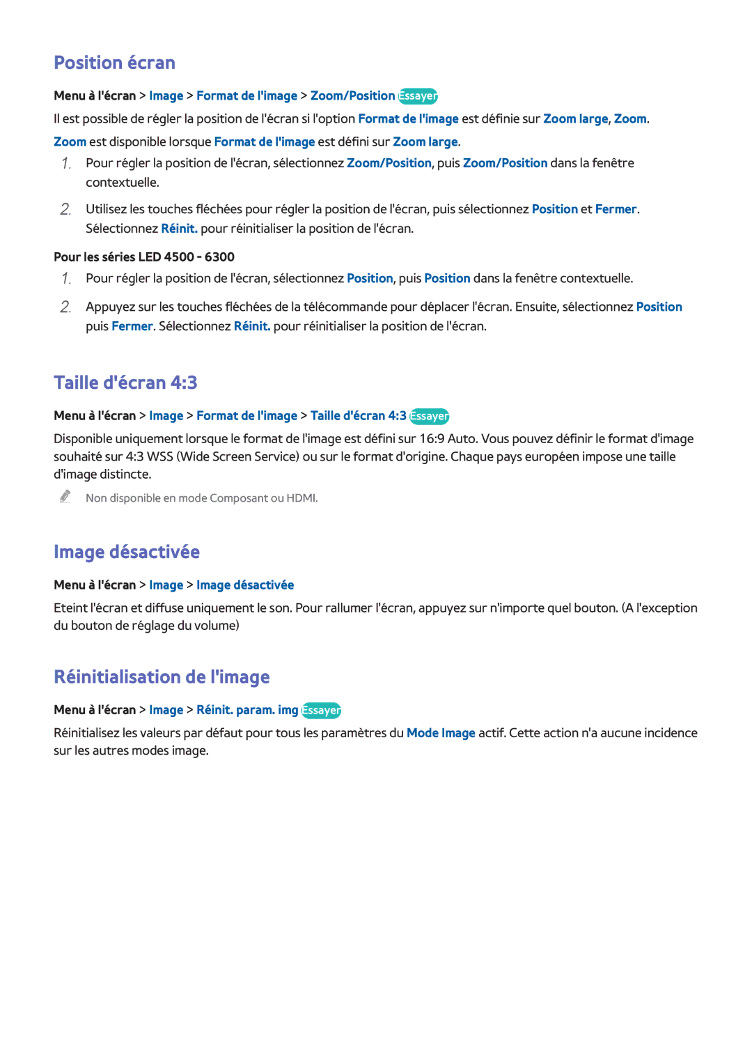 Samsung UE46F6640SSXZF, UE46F6670SSXZF manual Position écran, Taille décran, Image désactivée, Réinitialisation de limage 