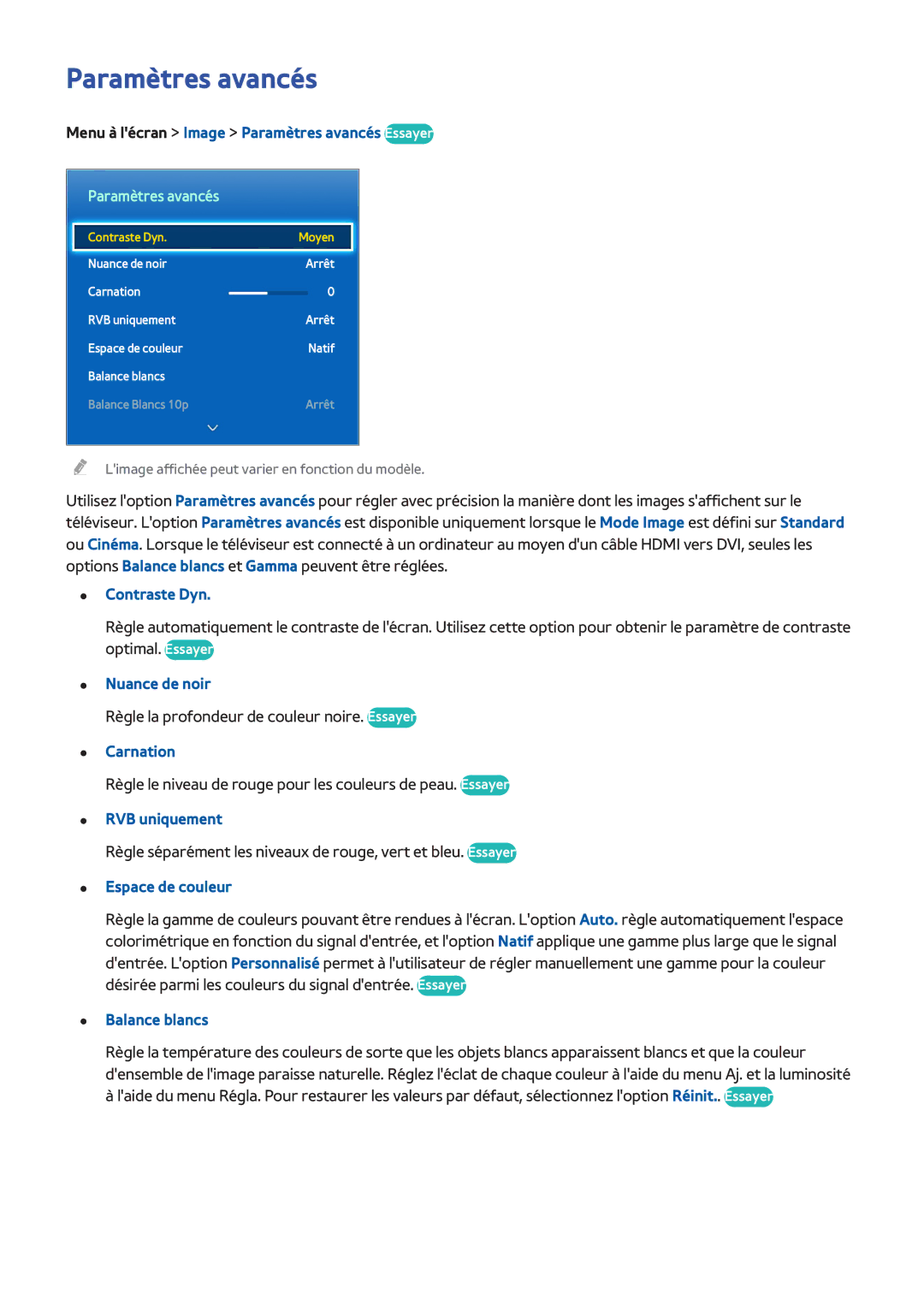 Samsung UE32F4500AWXXH, UE46F6670SSXZF, UE46F6640SSXZF, UE75F6300AWXZF, UE32F5300AWXZF, UE22F5410AWXZF manual Paramètres avancés 