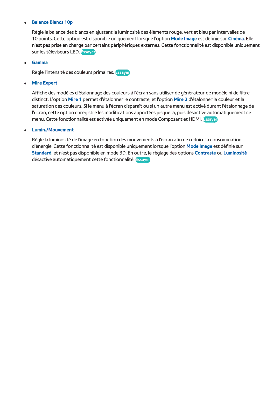 Samsung UE75F6300AWXZF, UE46F6670SSXZF, UE46F6640SSXZF manual Balance Blancs 10p, Gamma, Mire Expert, Lumin./Mouvement 