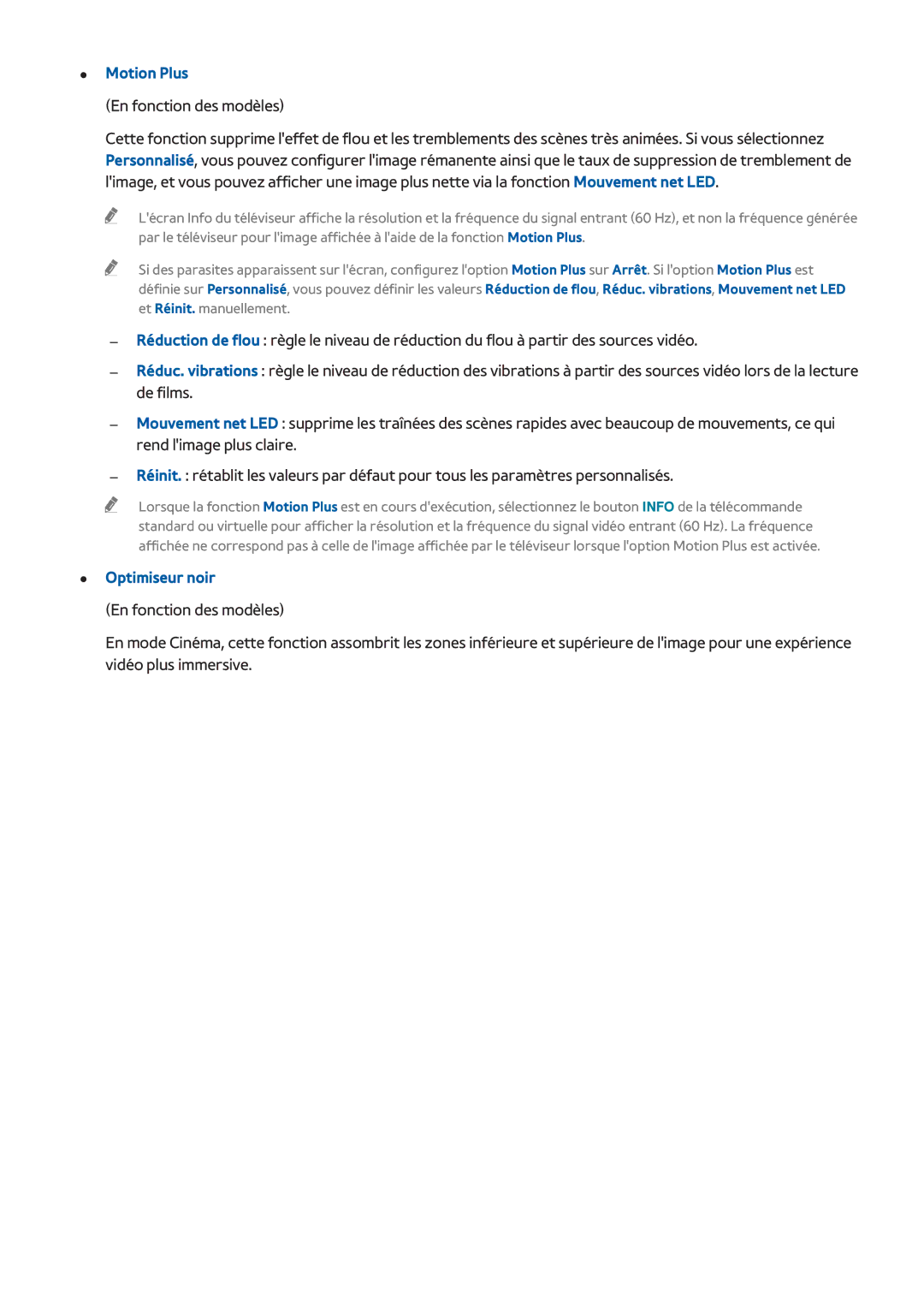 Samsung UE22F5410AWXZF, UE46F6670SSXZF, UE46F6640SSXZF, UE32F4500AWXXH, UE75F6300AWXZF manual Motion Plus, Optimiseur noir 