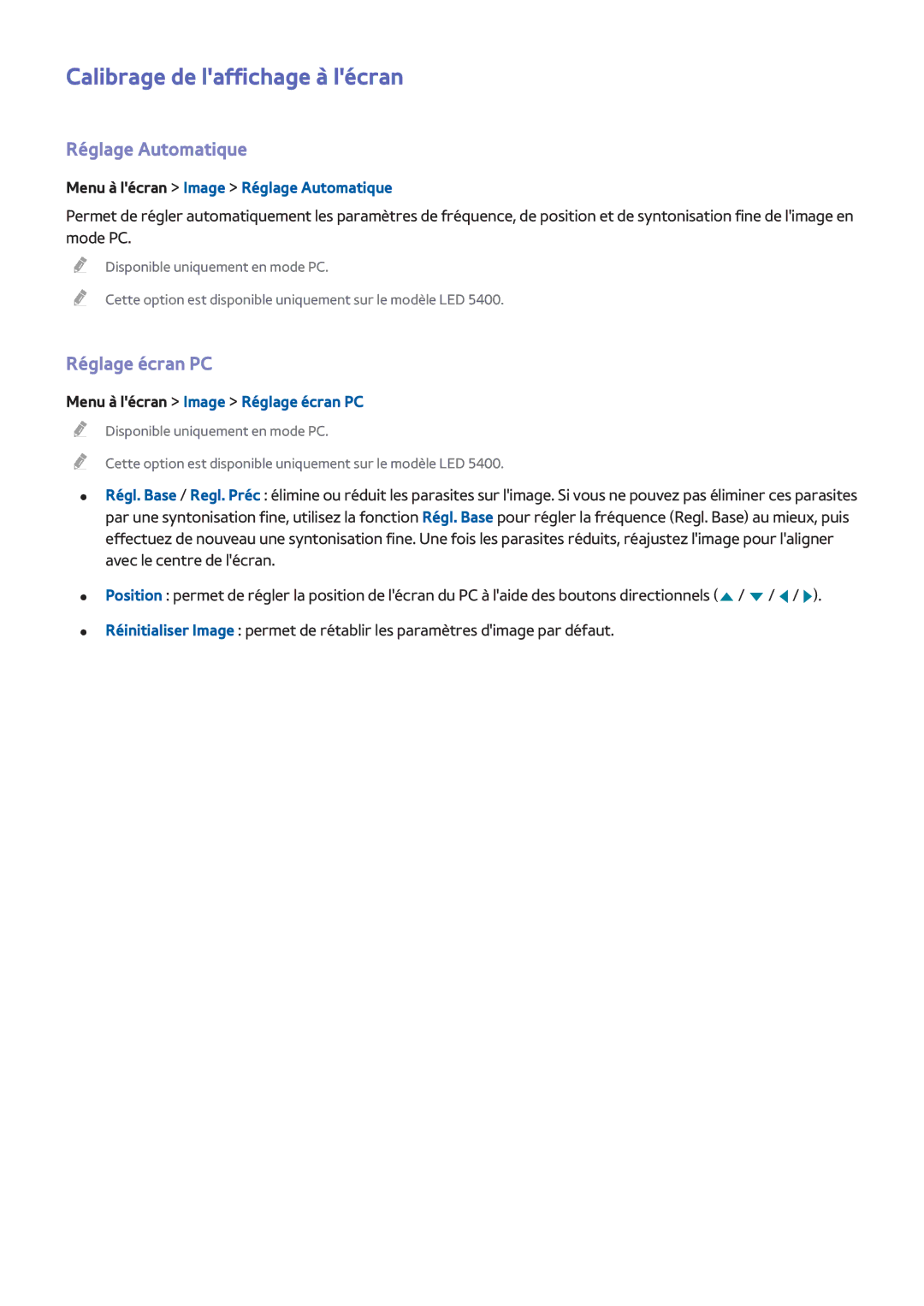 Samsung UE32F6200AWXZF, UE46F6670SSXZF manual Calibrage de laffichage à lécran, Réglage Automatique, Réglage écran PC 