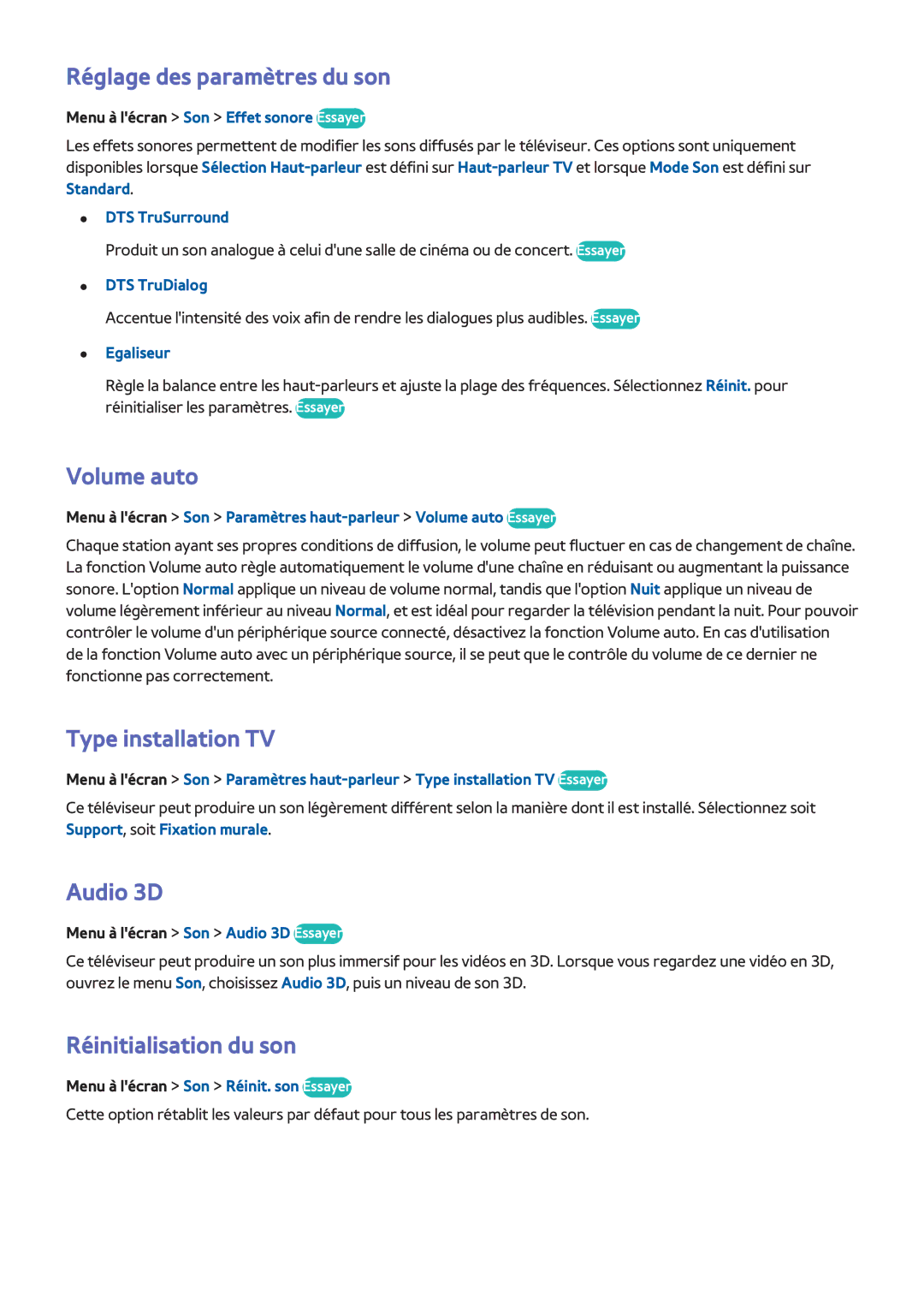 Samsung UE46F5500AWXZF Réglage des paramètres du son, Volume auto, Type installation TV, Audio 3D, Réinitialisation du son 