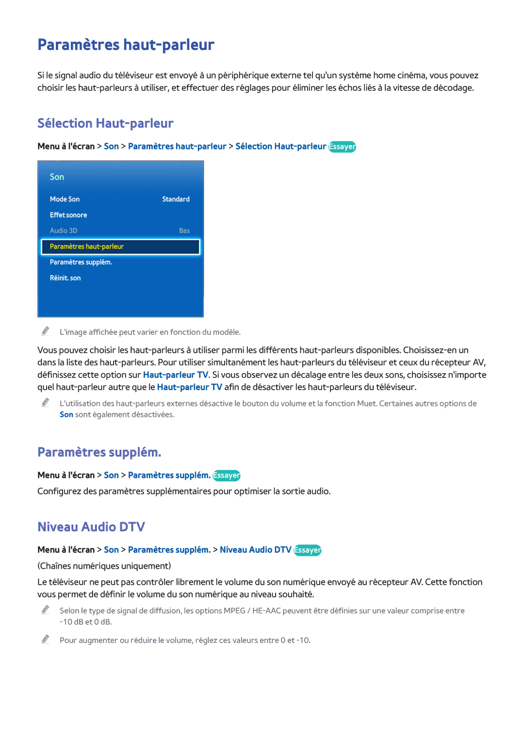 Samsung UE42F5300AWXZF manual Paramètres haut-parleur, Sélection Haut-parleur, Paramètres supplém, Niveau Audio DTV 