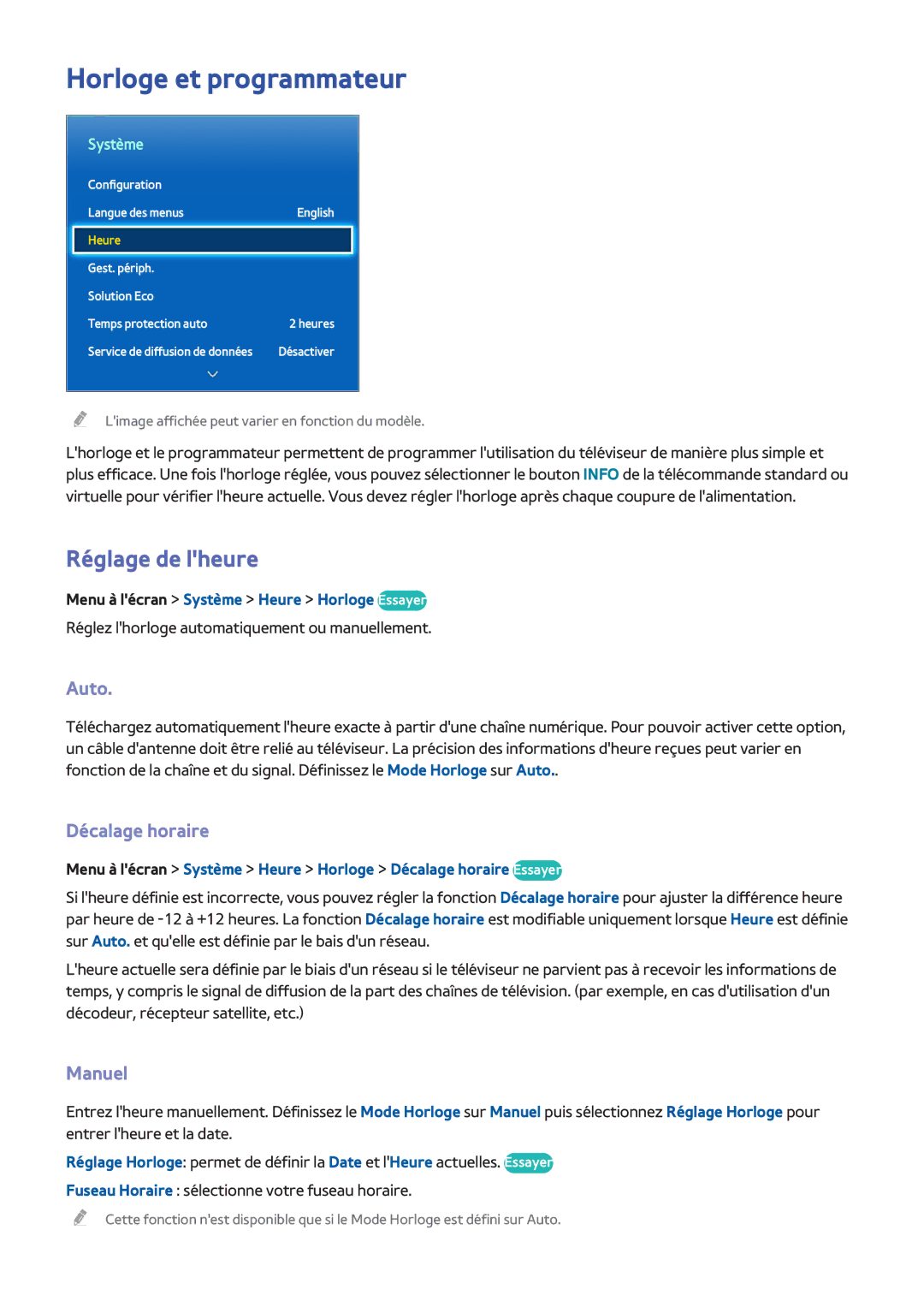 Samsung UE40F6800SSXZF, UE46F6670SSXZF manual Horloge et programmateur, Réglage de lheure, Auto, Décalage horaire, Manuel 