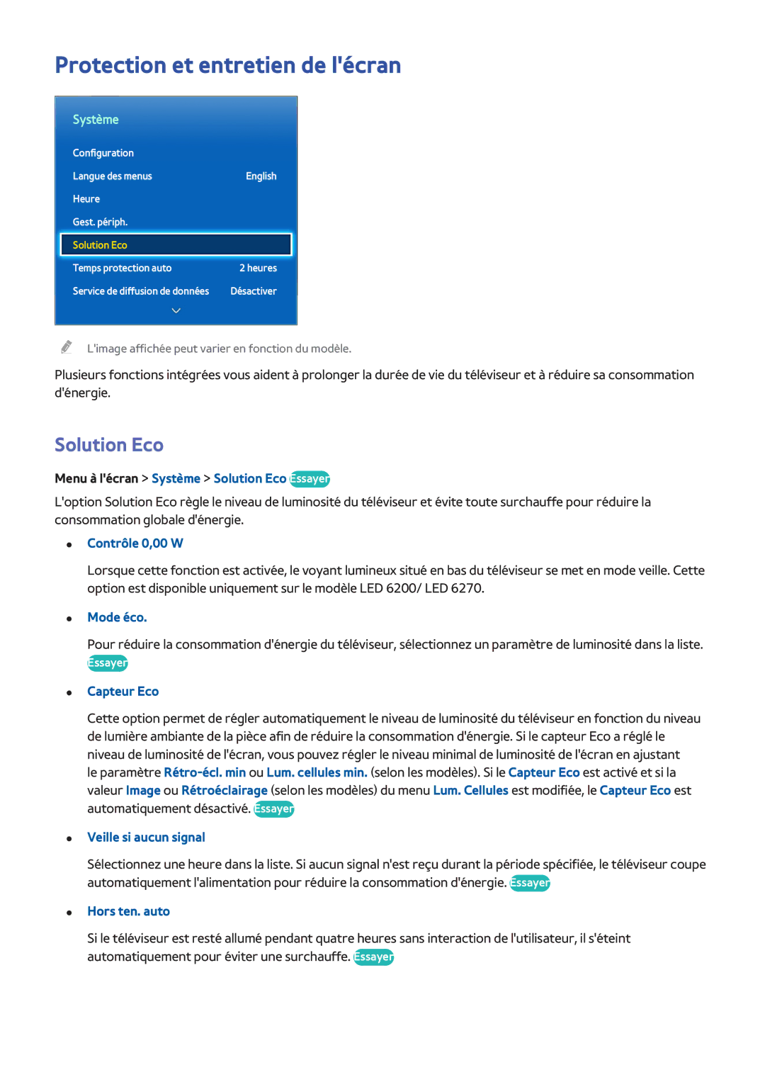 Samsung UE32F6400AWXZF, UE46F6670SSXZF, UE46F6640SSXZF, UE32F4500AWXXH manual Protection et entretien de lécran, Solution Eco 