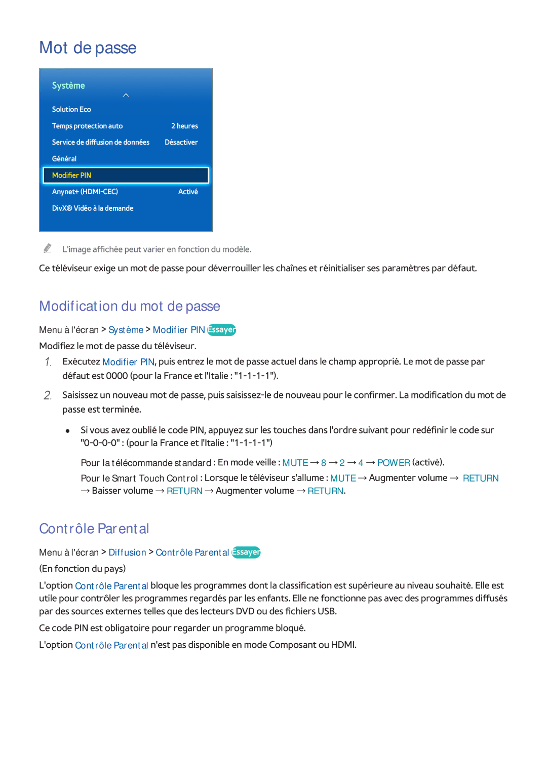 Samsung UE40F6320AWXZF, UE46F6670SSXZF, UE46F6640SSXZF manual Mot de passe, Modification du mot de passe, Contrôle Parental 