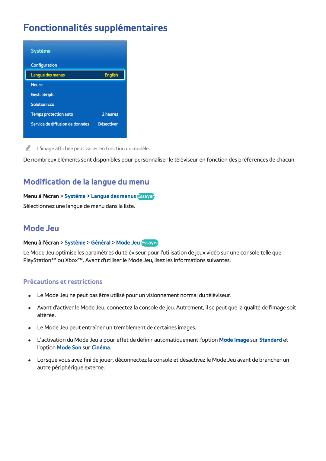 Samsung UE55F6640SSXZF, UE46F6670SSXZF manual Fonctionnalités supplémentaires, Modification de la langue du menu, Mode Jeu 