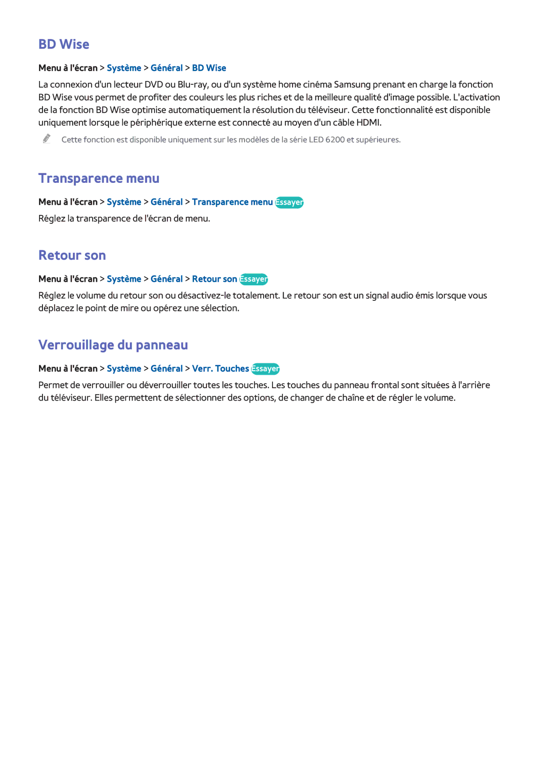 Samsung UE55F6500SSXZF, UE46F6670SSXZF, UE46F6640SSXZF manual BD Wise, Transparence menu, Retour son, Verrouillage du panneau 