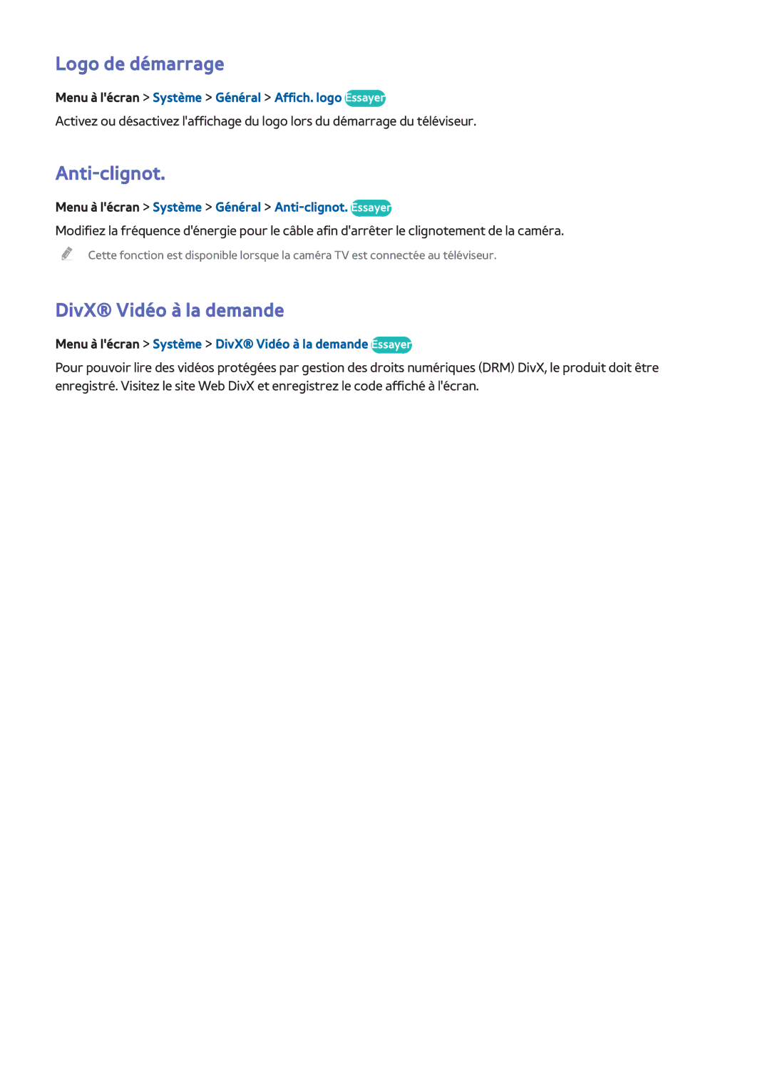 Samsung UE55F6400AWXZF, UE46F6670SSXZF, UE46F6640SSXZF manual Logo de démarrage, Anti-clignot, DivX Vidéo à la demande 