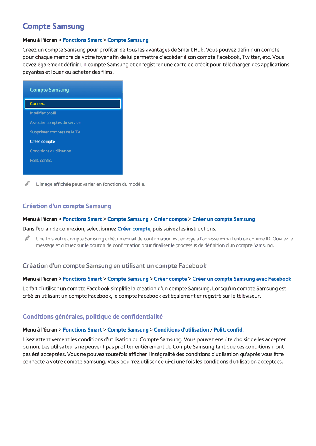 Samsung UE46F6200AWXZF Compte Samsung, Création dun compte Samsung, Conditions générales, politique de confidentialité 