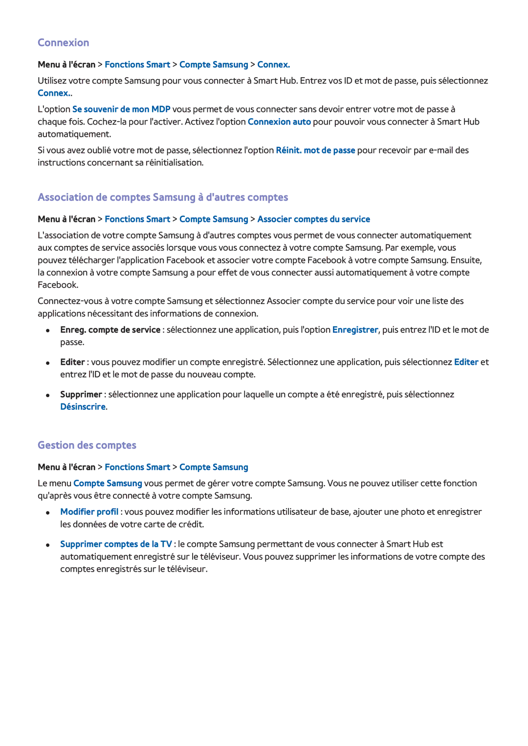 Samsung UE22F5400AWXZF, UE46F6670SSXZF Connexion, Association de comptes Samsung à dautres comptes, Gestion des comptes 