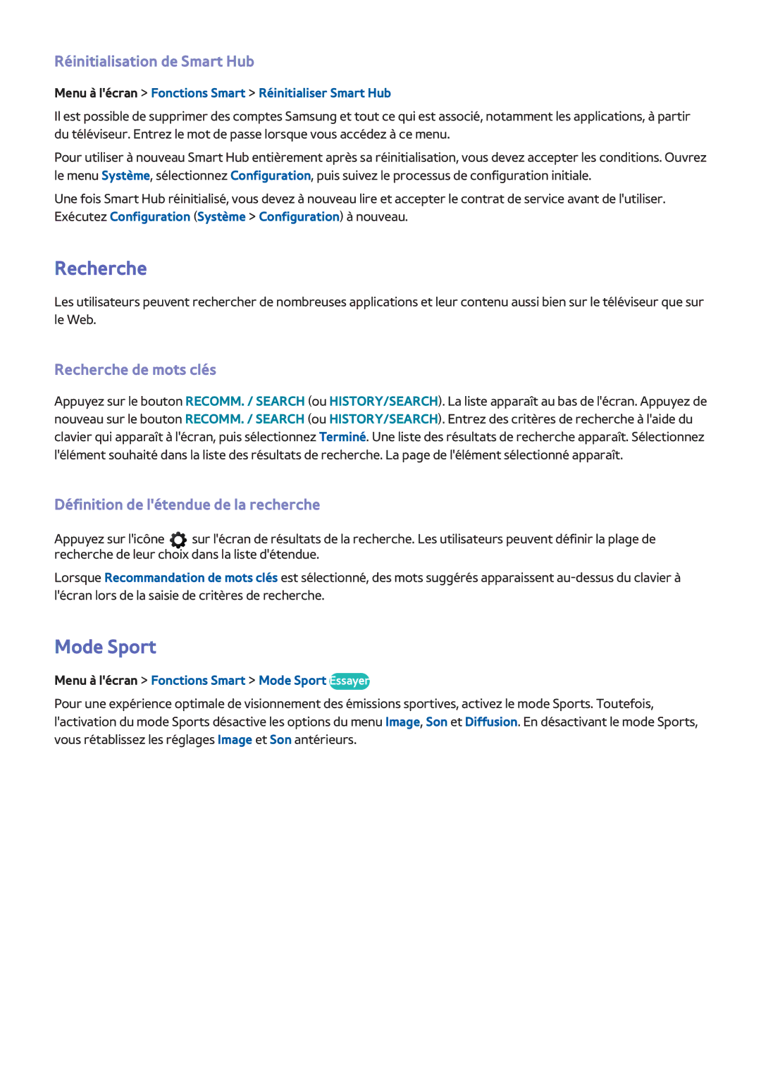Samsung UE40F6500SSXZF, UE46F6670SSXZF, UE46F6640SSXZF Mode Sport, Réinitialisation de Smart Hub, Recherche de mots clés 