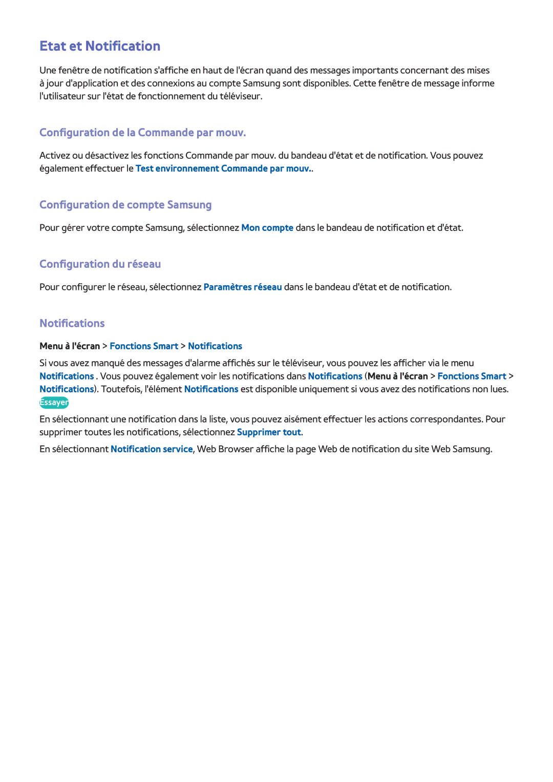 Samsung UE46F6800SSXZF manual Etat et Notification, Configuration de la Commande par mouv, Configuration de compte Samsung 
