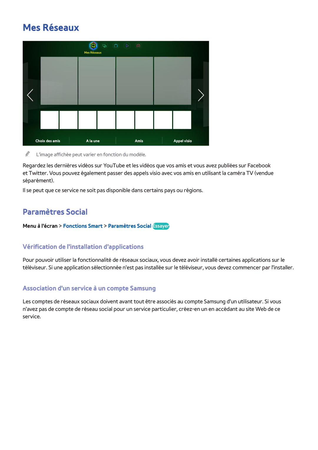 Samsung UE46F5370SSXZF, UE46F6670SSXZF manual Mes Réseaux, Paramètres Social, Vérification de linstallation dapplications 
