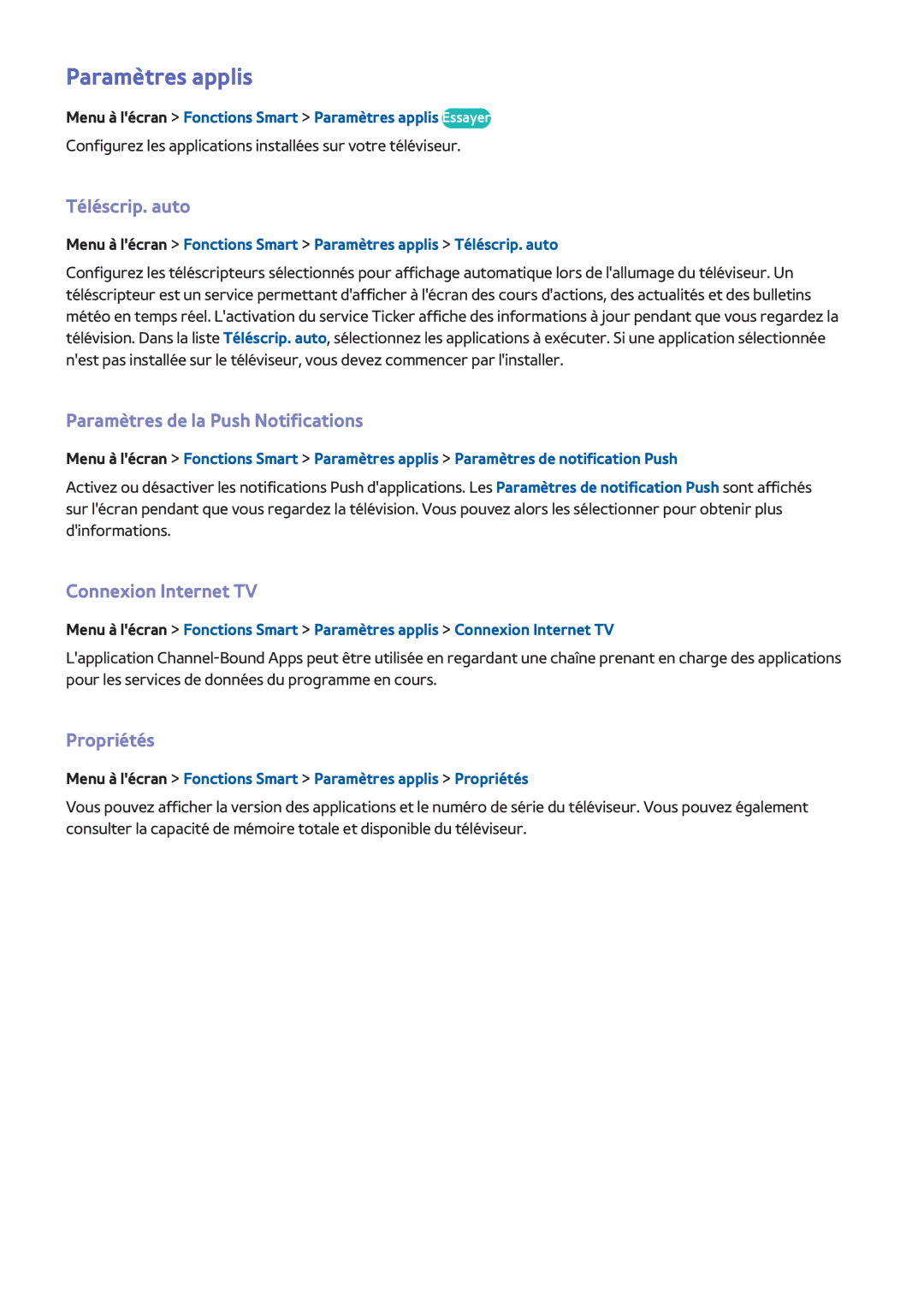 Samsung UE46F6650SSXXH Paramètres applis, Téléscrip. auto, Paramètres de la Push Notifications, Connexion Internet TV 