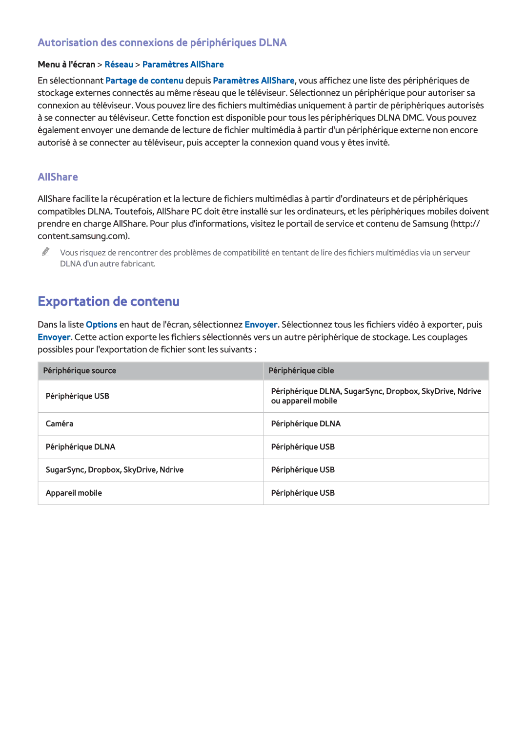 Samsung UE65F6400AWXZF, UE46F6670SSXZF Exportation de contenu, Autorisation des connexions de périphériques Dlna, AllShare 