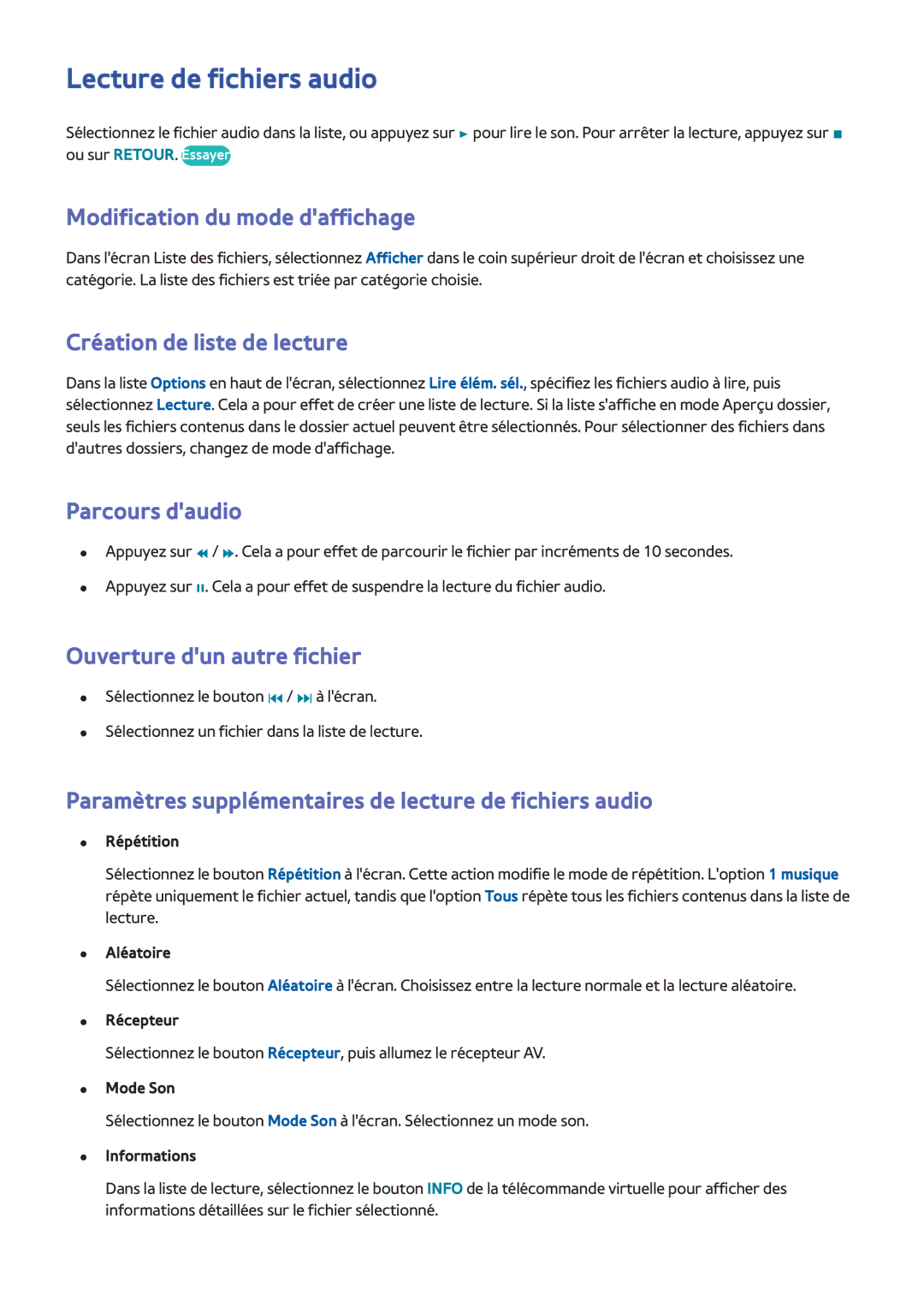 Samsung UE32F6800SSXZF Lecture de fichiers audio, Parcours daudio, Paramètres supplémentaires de lecture de fichiers audio 