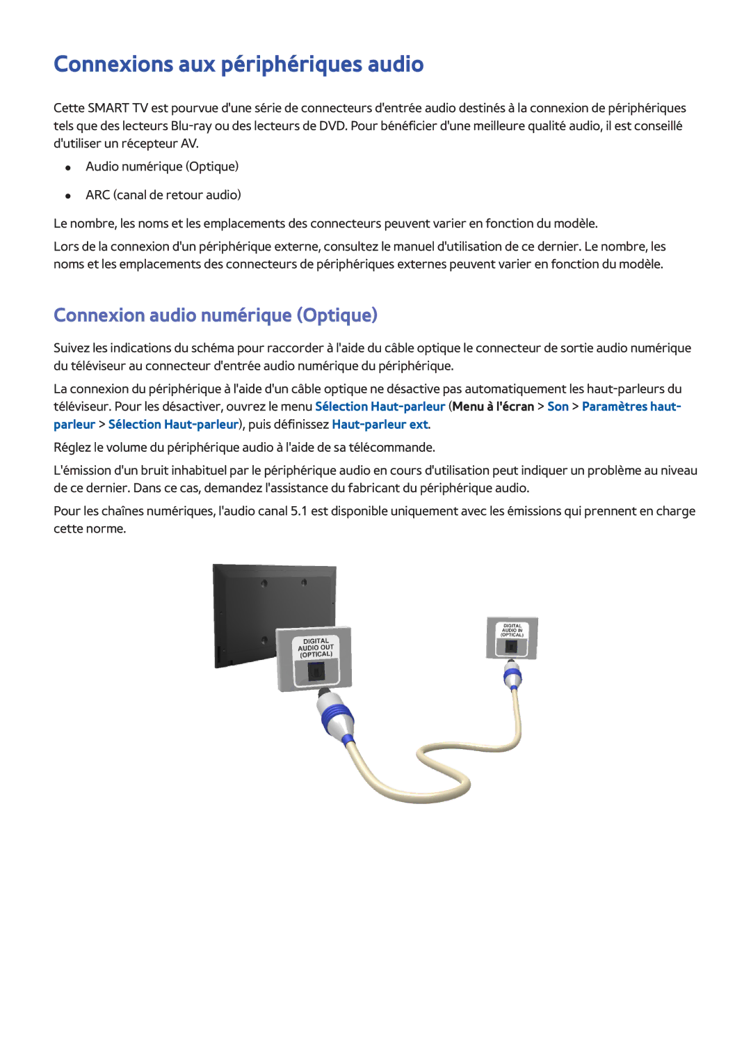 Samsung UE32F6400AWXZF, UE46F6670SSXZF manual Connexions aux périphériques audio, Connexion audio numérique Optique 