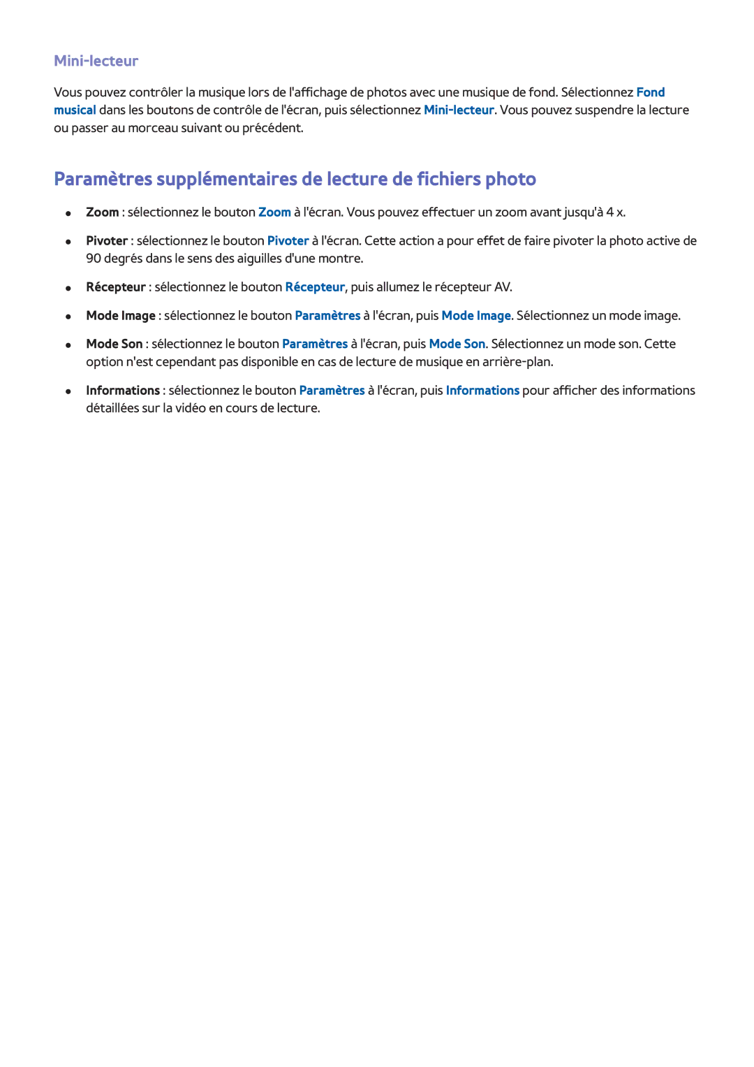Samsung UE46F6670SSXZF, UE46F6640SSXZF manual Paramètres supplémentaires de lecture de fichiers photo, Mini-lecteur 