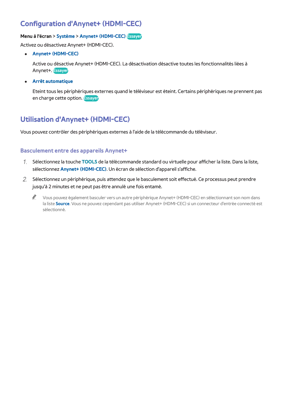 Samsung UE32F4500AWXXH, UE46F6670SSXZF, UE46F6640SSXZF manual Configuration dAnynet+ HDMI-CEC, Utilisation dAnynet+ HDMI-CEC 