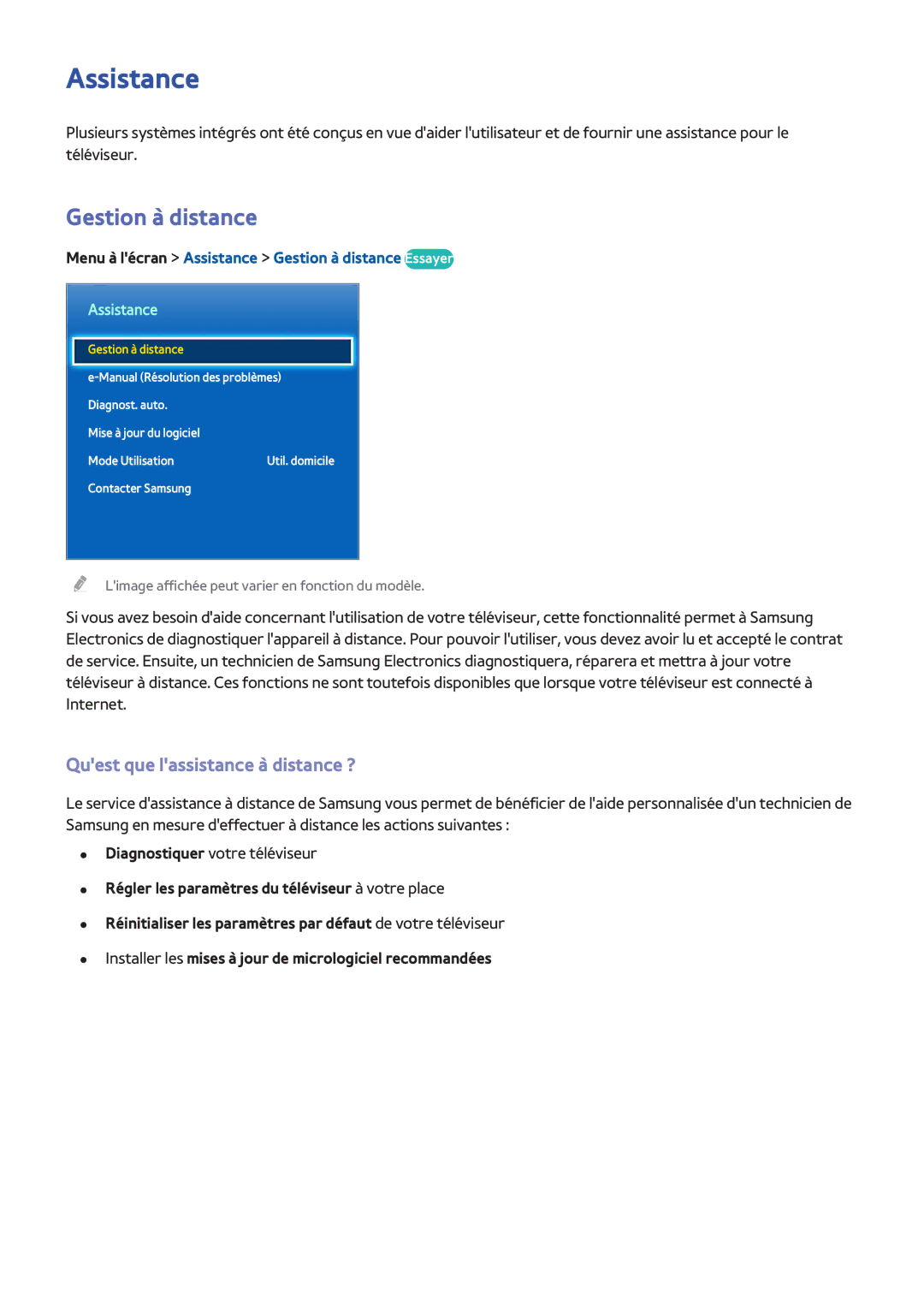 Samsung UE22F5410AWXZF, UE46F6670SSXZF, UE46F6640SSXZF Assistance, Gestion à distance, Quest que lassistance à distance ? 