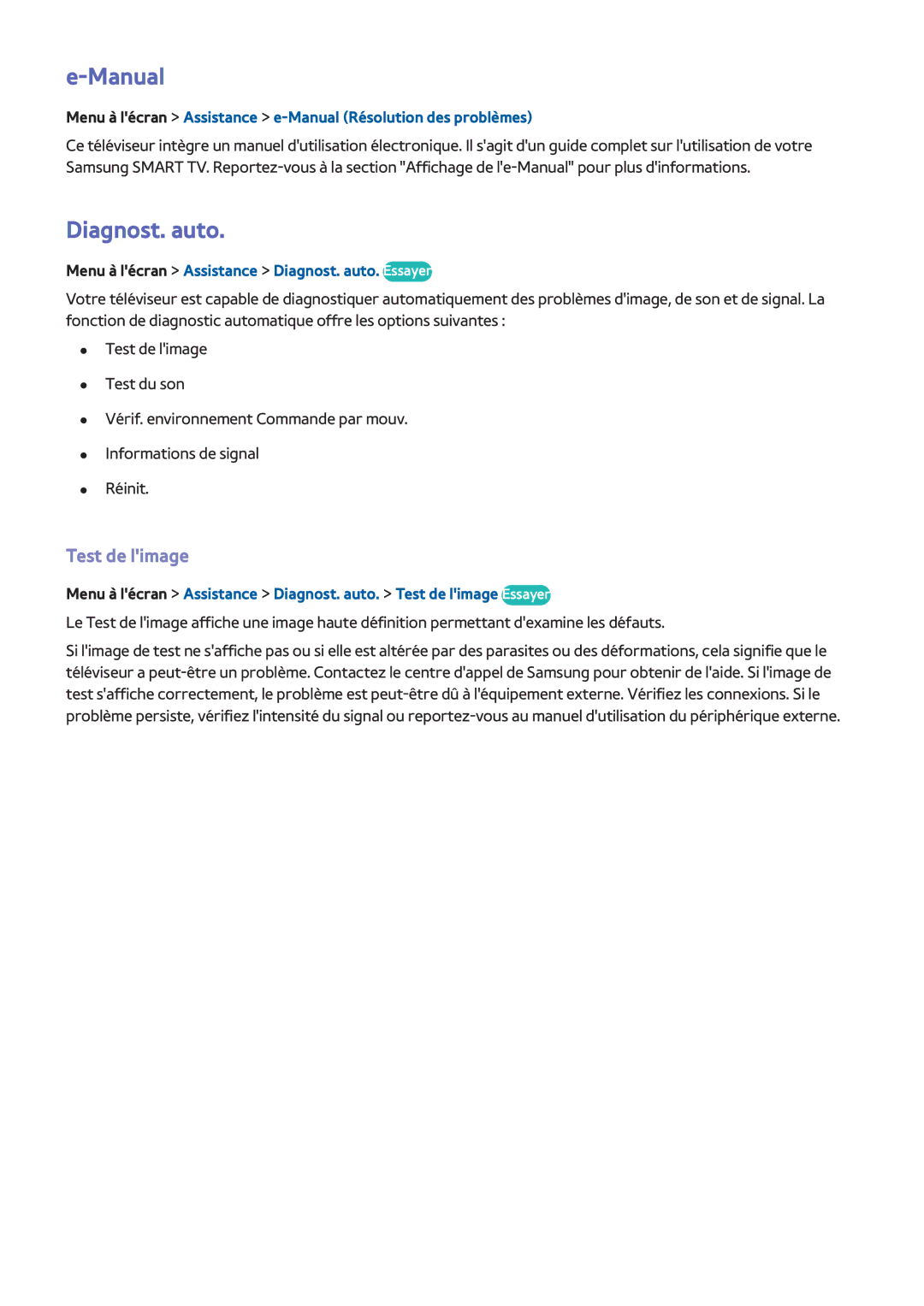 Samsung UE50F6200AWXZF Diagnost. auto, Test de limage, Menu à lécran Assistance e-Manual Résolution des problèmes 