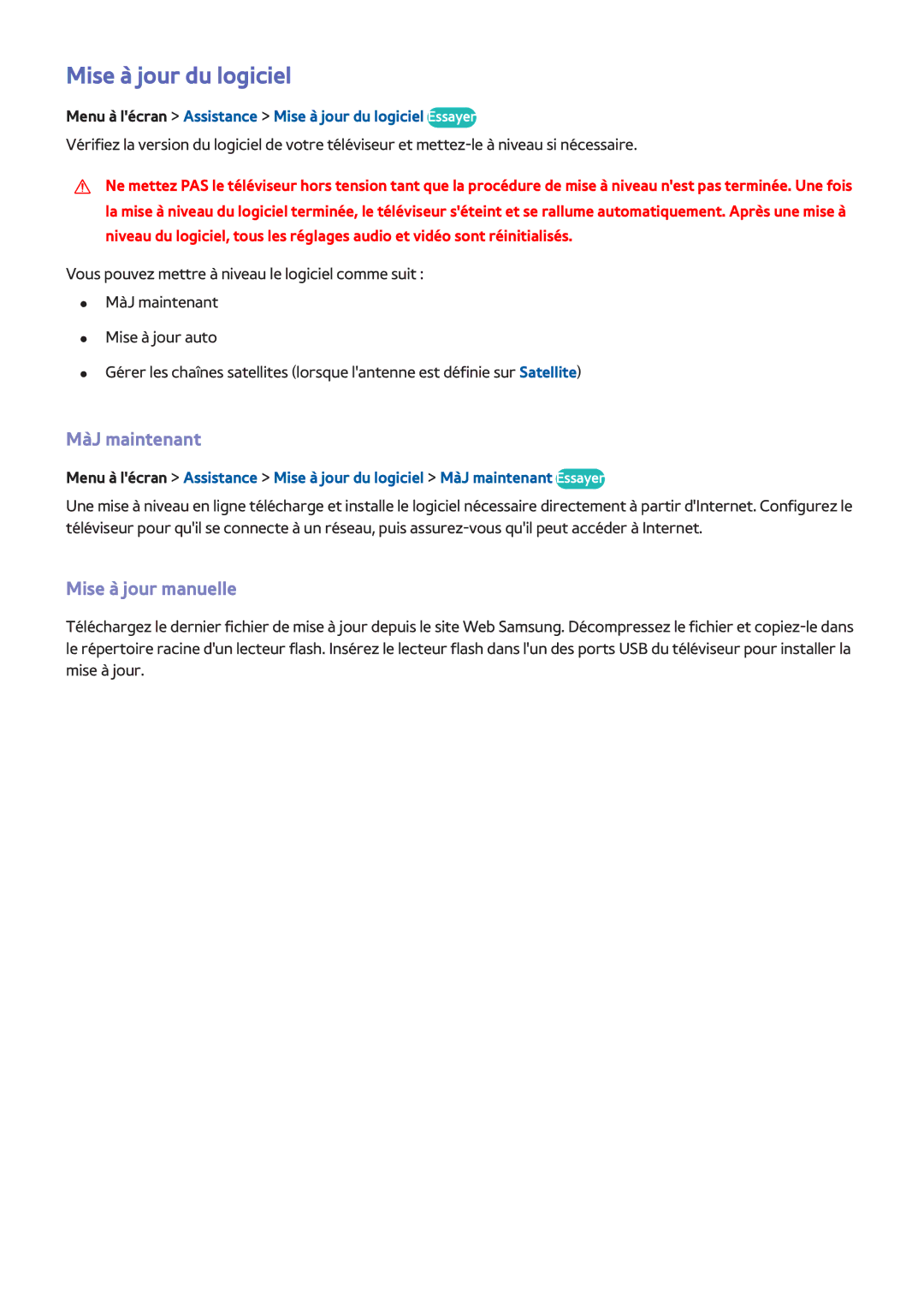 Samsung UE46F5500AWXZF, UE46F6670SSXZF, UE46F6640SSXZF manual Mise à jour du logiciel, MàJ maintenant, Mise à jour manuelle 