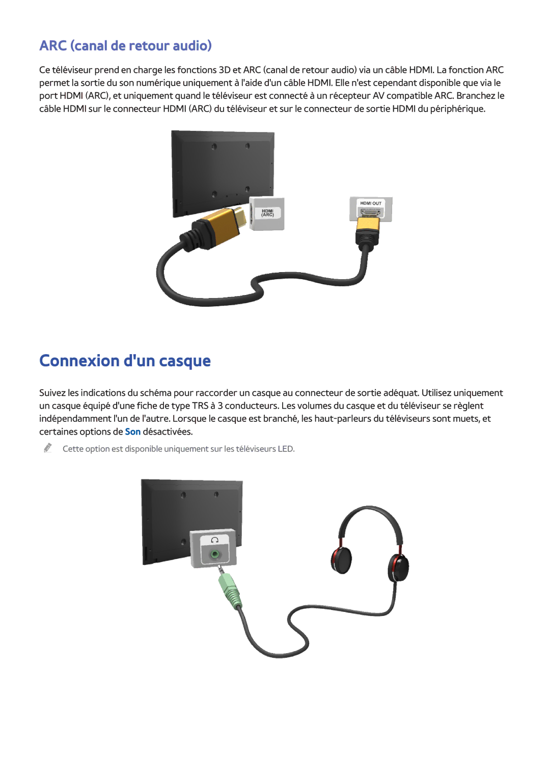 Samsung UE55F6650SSXZF, UE46F6670SSXZF, UE46F6640SSXZF, UE32F4500AWXXH manual Connexion dun casque, ARC canal de retour audio 