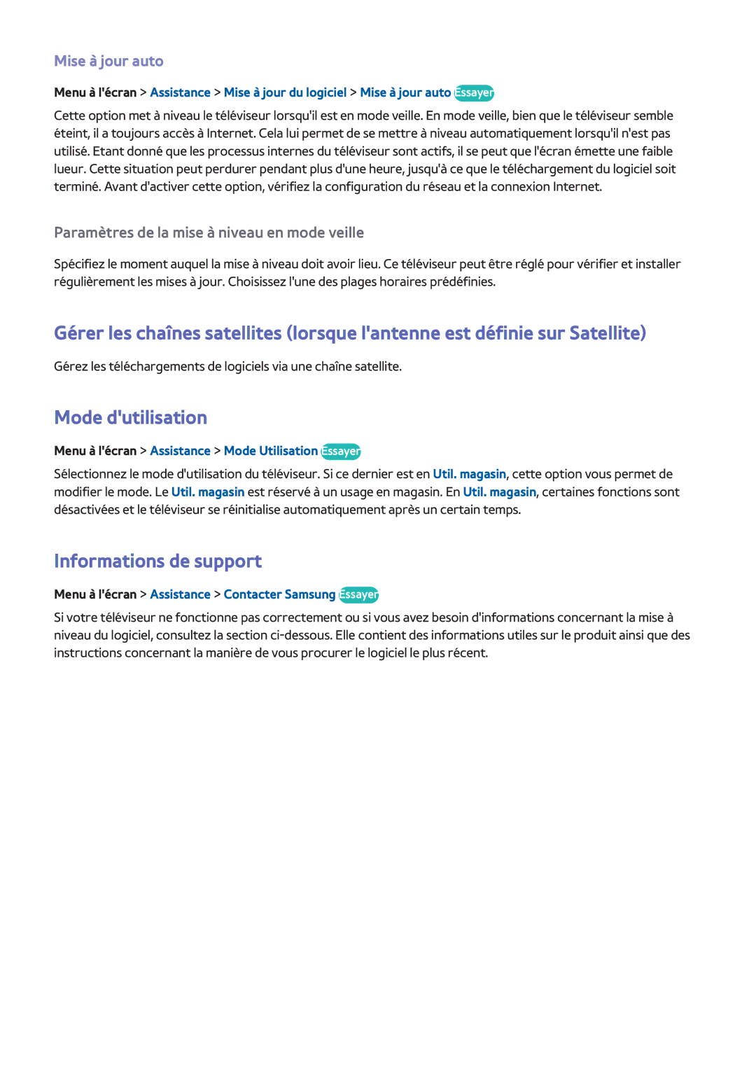 Samsung UE42F5300AWXZF, UE46F6670SSXZF, UE46F6640SSXZF manual Mode dutilisation, Informations de support, Mise à jour auto 