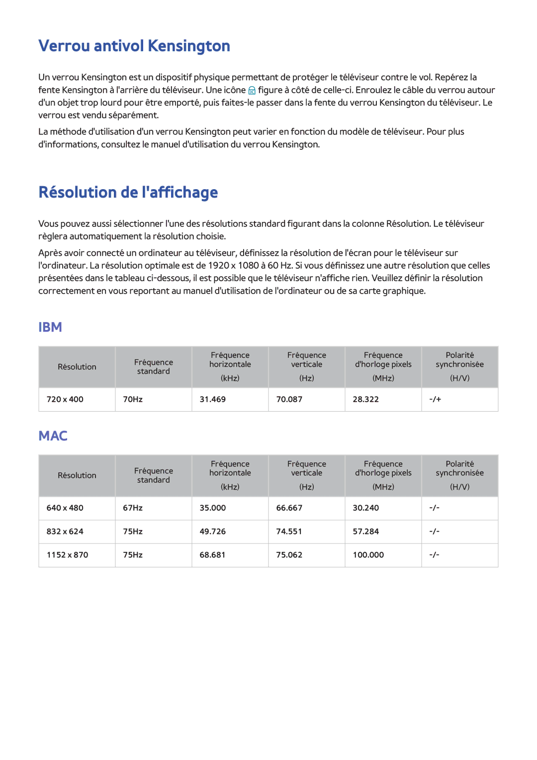 Samsung UE55F6640SSXZF, UE46F6670SSXZF, UE46F6640SSXZF, UE32F4500AWXXH Verrou antivol Kensington, Résolution de laffichage 
